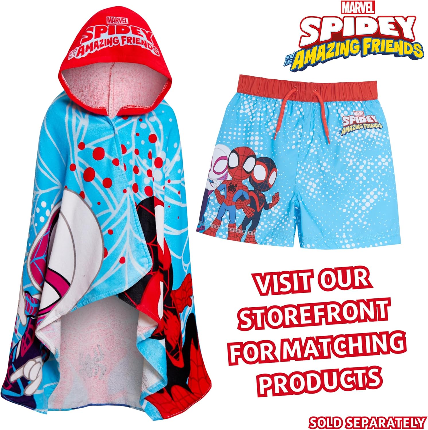 Spidey And His Amazing Friends Hooded Towel Spider-Man Poncho Kids 100% Cotton Beach Bath Towel Swimming Wrap