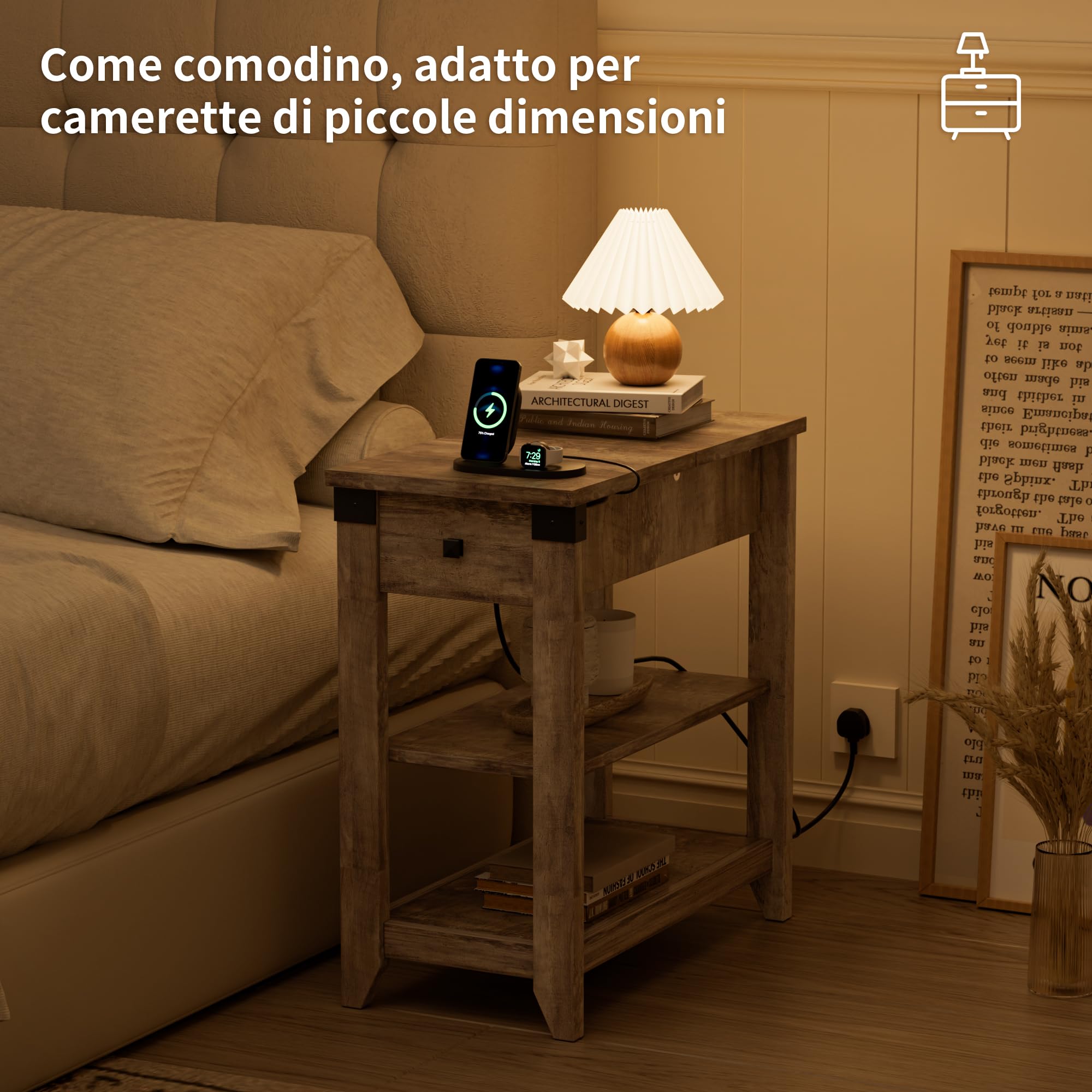 BonVache Set di 2 comodini, tavolino piccolo con funzione di ricarica, tavolino sottile con ripiano, cassetti, comodino per soggiorno, camera da letto, grigio