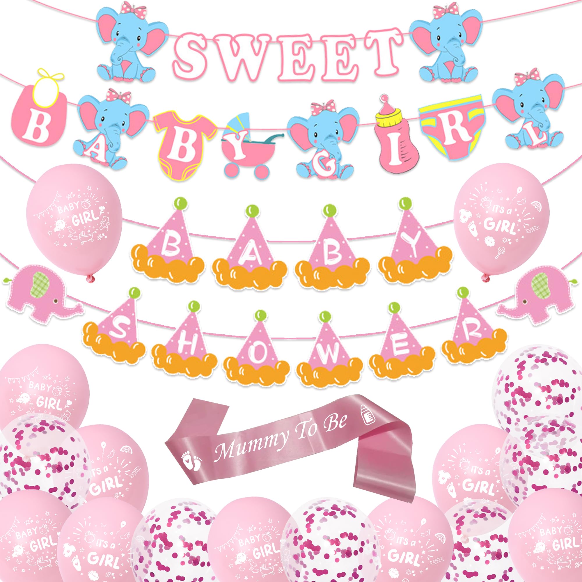 Baby Shower Balloons Decorations for Girl - Pink Elephant Sweet Banner Garland Mummy to Be Sash Confetti Balloons, Gender Reveal Baby Shower Party Banner Decoration for Girls