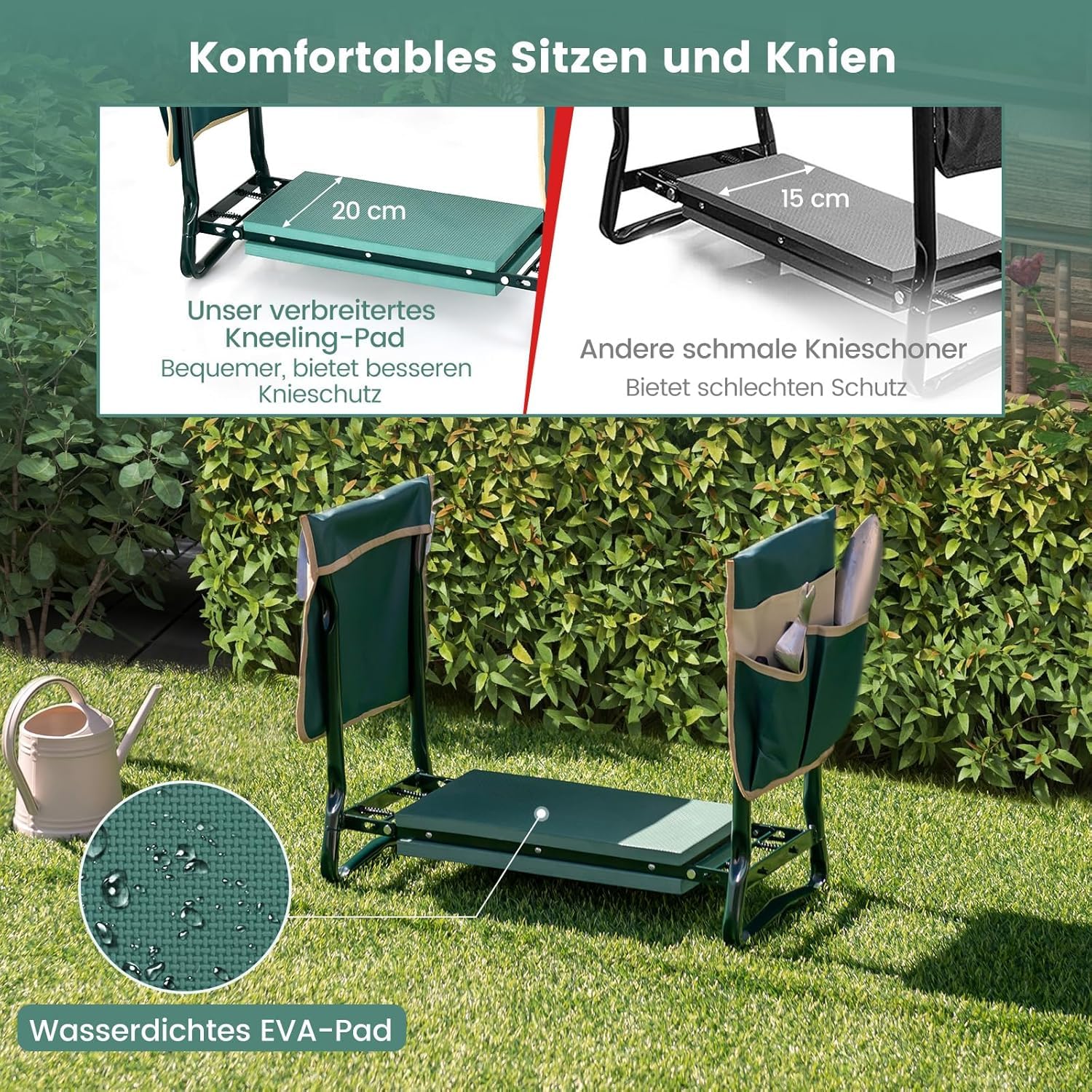 FANTASK Taburete Plegable 2 en 1 para jardinería, Taburete de jardín con 2 Bolsillos para Herramientas, Taburete de Trabajo de jardín con Acolchado Eve para Rodilleras, soporta hasta 150 kg