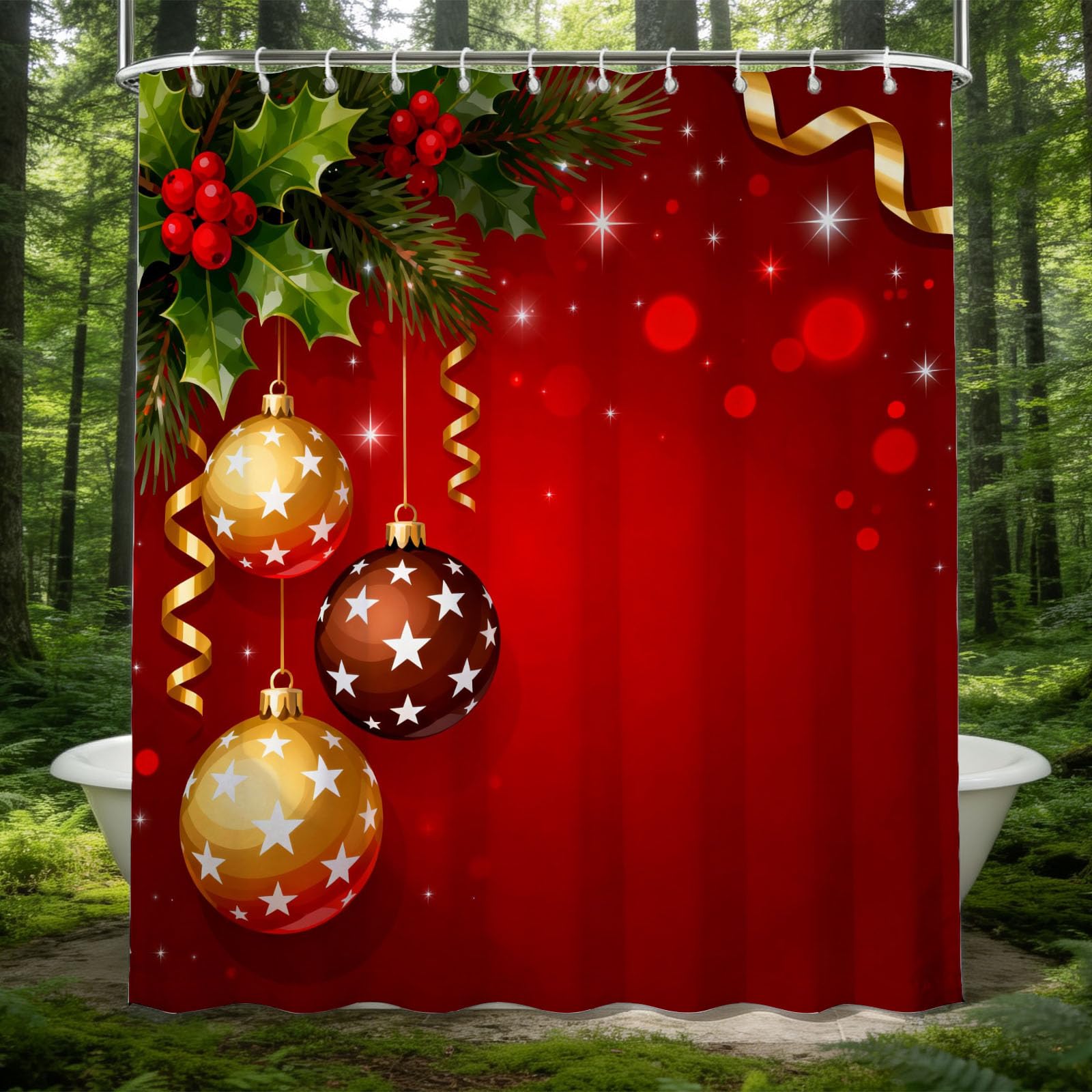 Hongduo 3D Xmas Shower Curtain for Stalls Bathtubs Simple Bathroom Decor Shower Curtain Set Polyester Fabric Waterproof 200x200cm/79X79 Inch with Hooks