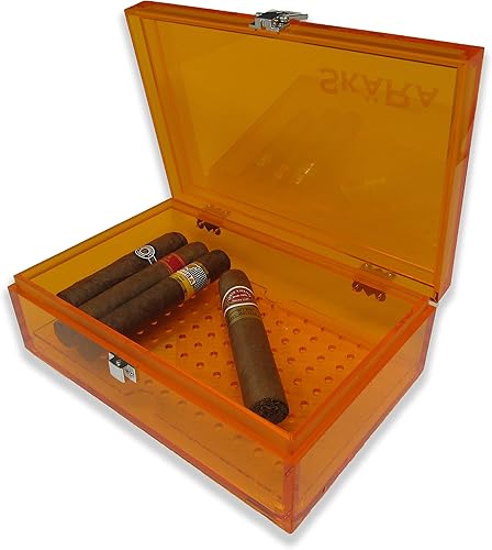 Skara Humidor acrílico para hasta 20 puros con tapa segura para escritorio o viaje, paquete de humedad libre incluido (amarillo)