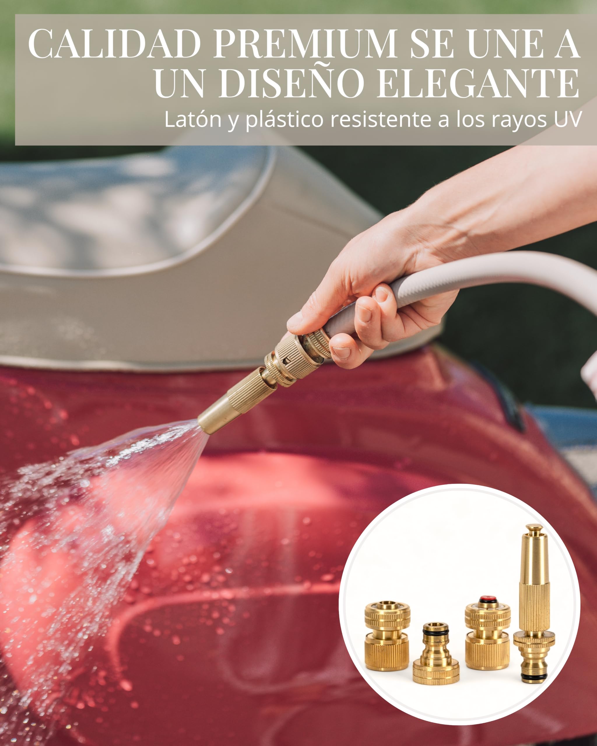 LIVLIG Juego de manguera de jardín de 10 m, juego completo de riego de jardín con manguera de agua de 1/2 pulgadas, soporte de pared de acero y pistola de jardín de latón, juego de manguera con