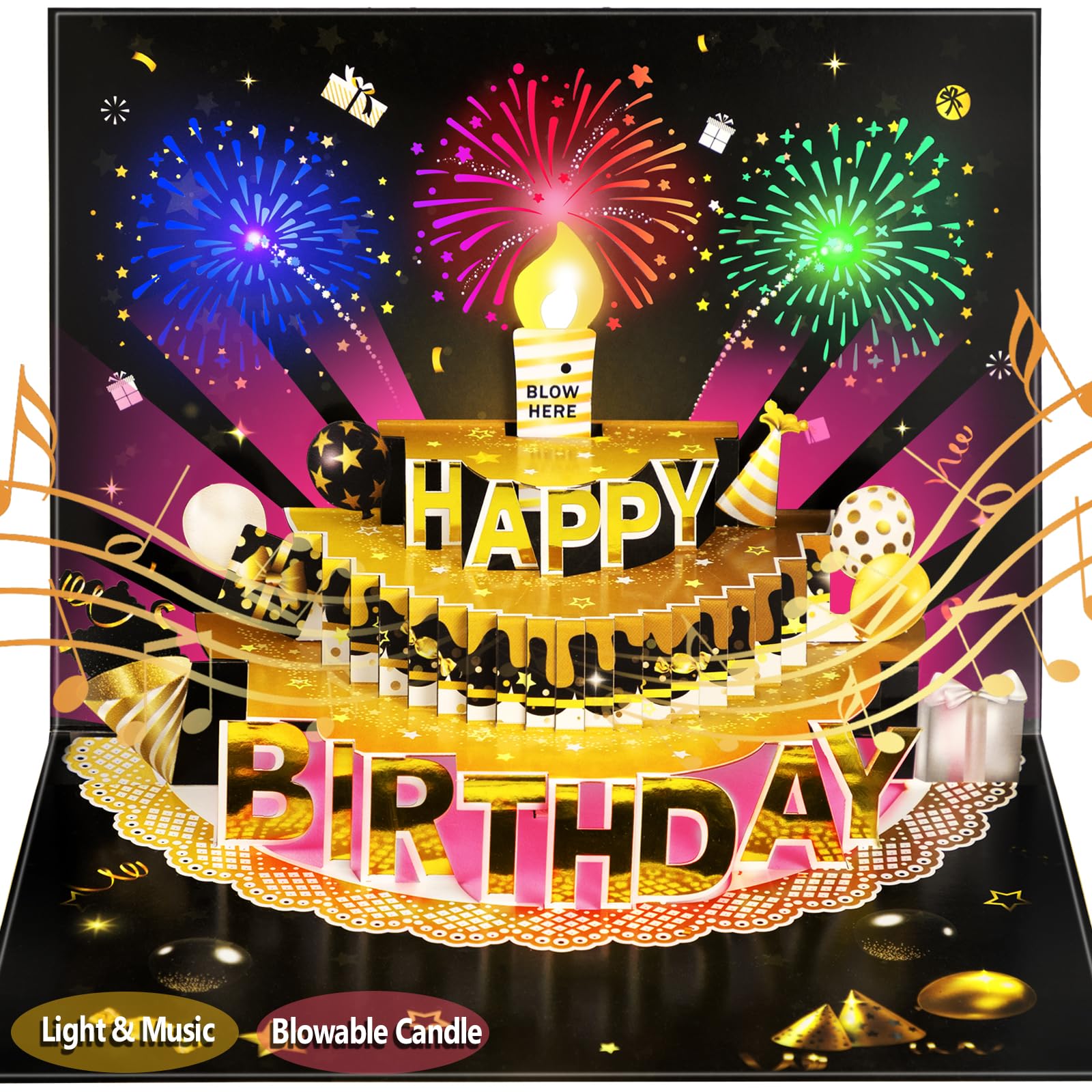 3D Pop Up Birthday Card with Lights and Sound, Blow Out LED Candle with Sensor, Singing Musical Greeting Card for Men, Women, Kids — image 1