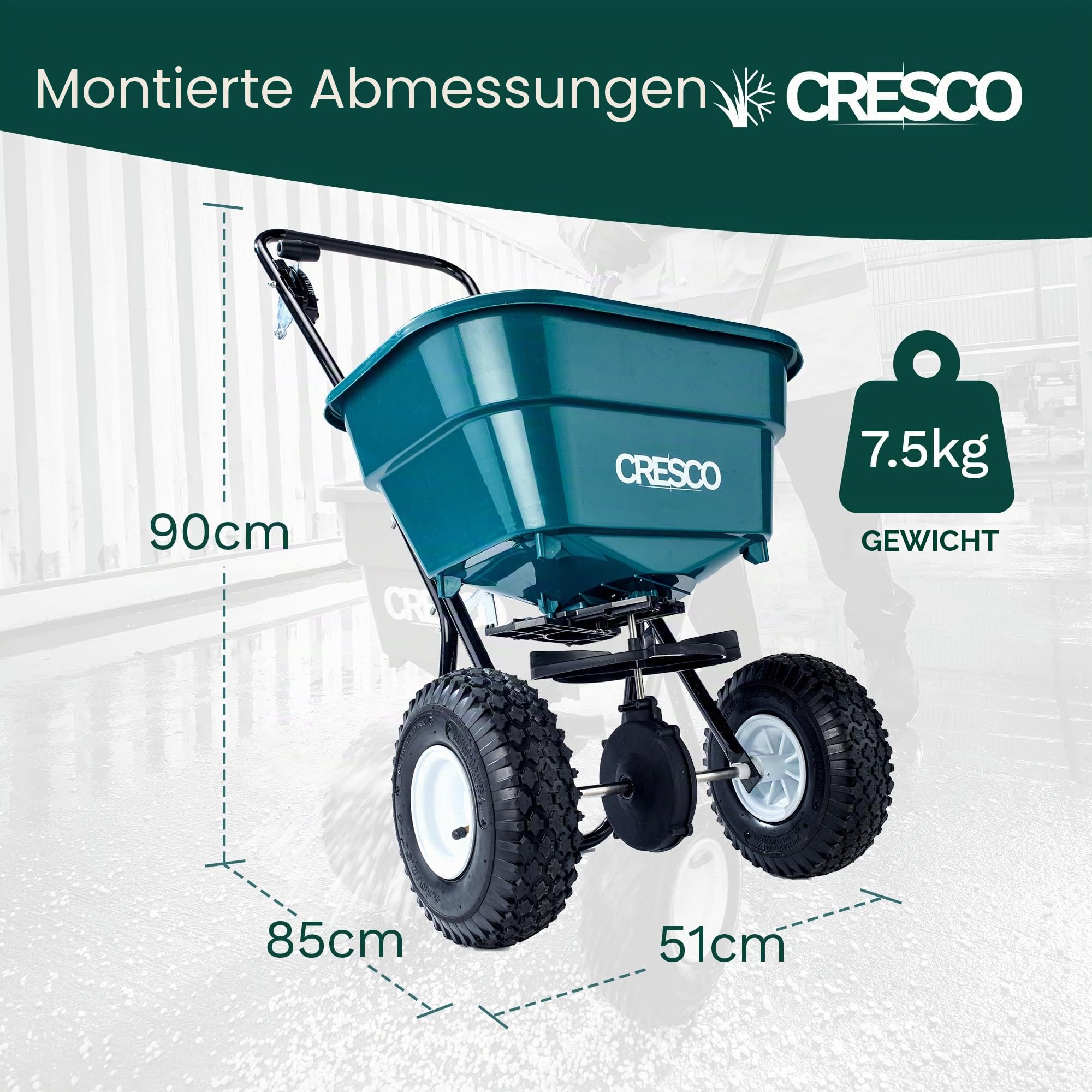 CRESCO 20 Dünger, Salz- und Samenstreuer – CR20SW Rollen-Grüner Roller | Easy Push Streuer | für Rasen- und Gartenpflege | Einstellbare Streumuster-Kontrolle | Kompletter schwerer bis leichter