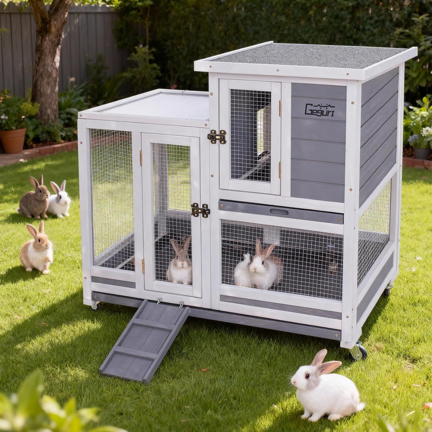 GEGURI Rabbit Hutch, Two-Story Indoor Bunny Cage, Outdoor Guinea Pig Cages for Small Animals with Wheels, Removable Tray