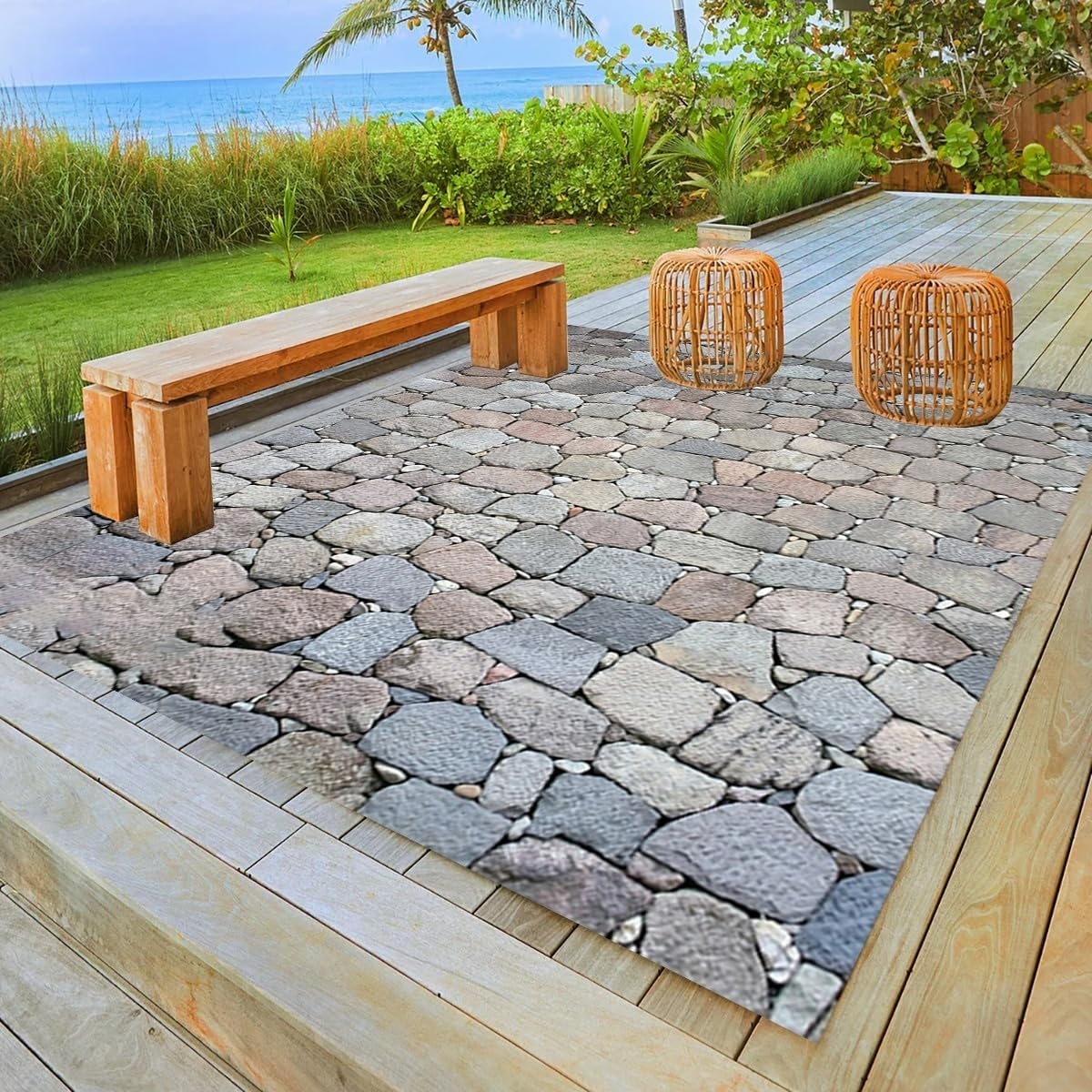 Retro Natural Grey Stone Texture Area Rug 2x6 for Balcony Garden Porch Patio Garden Machine Washable No Slip Durable Large Outdoor Carpet in Deck
