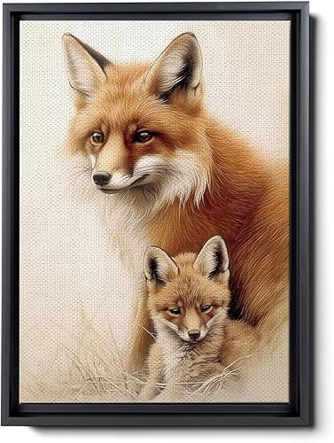 Fox Mother Cub Print, In The Style Of Stencil-Based, Ivory, Kids Wall Art, Kids Wall Art Display, Mom And Baby Animal Art Print