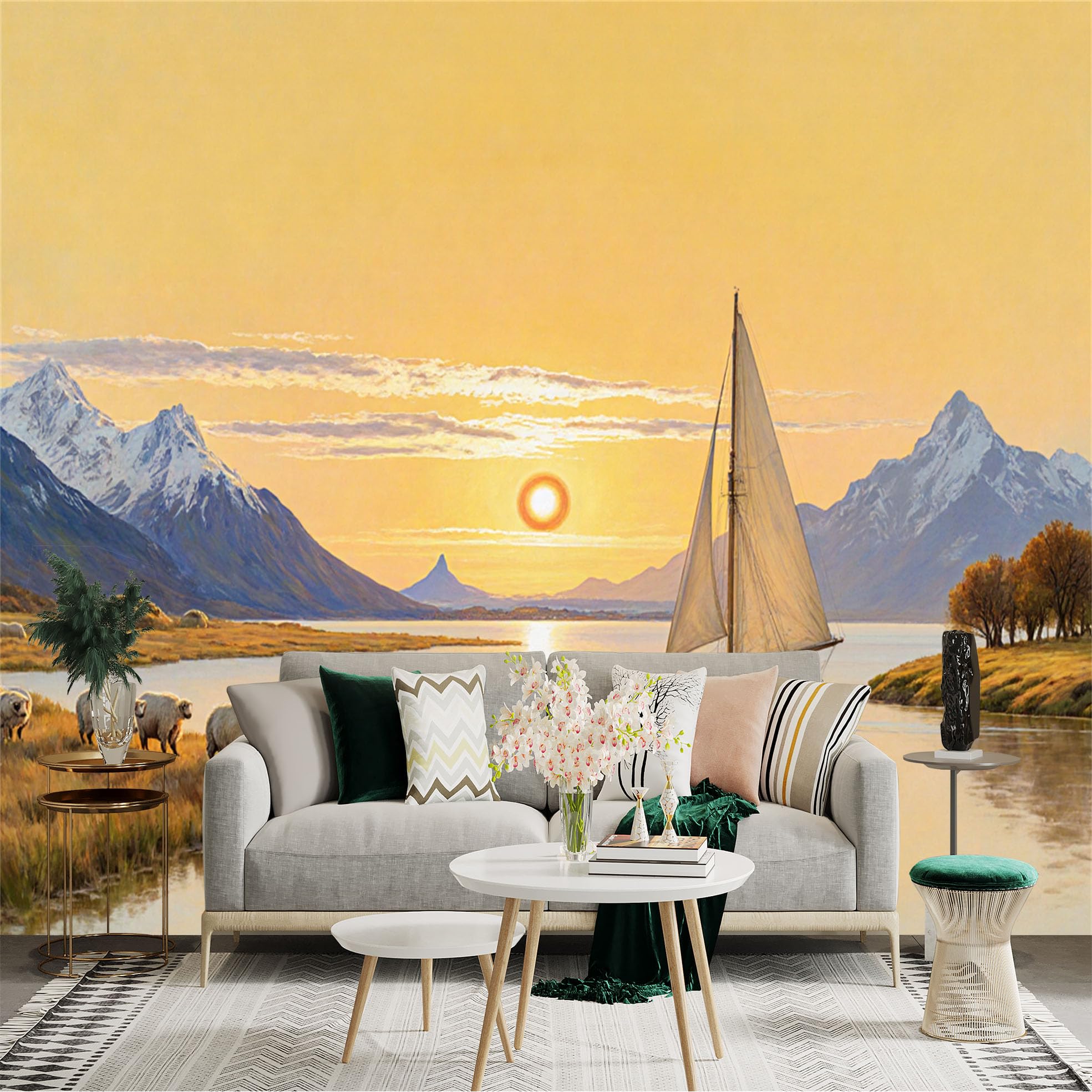 Lnzczhyre Xc260505588 Custom Size Wall Sticker Mural， Sailboat On Calm Lake At Sunset， Snowy Mountain Range， Grazing Sheep In Meadow， Serene Landscape Scenery， For Wall Decoration， Peelandstick Wall Decals.