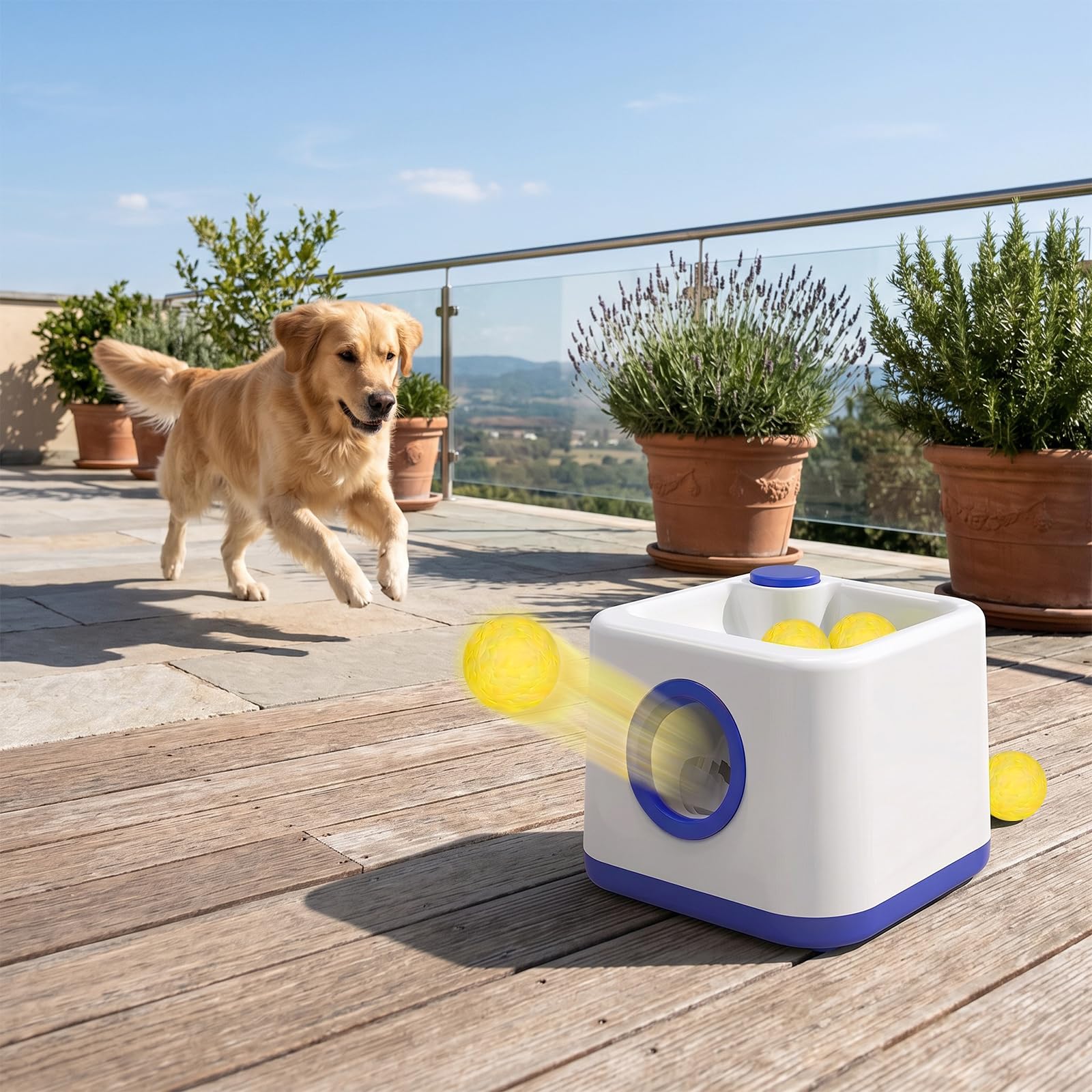 JIANAYANA Lanceur de balles automatique pour chien, jouet interactif double mode automatique et manuel, 4 distances réglables avec 5 balles ETPU, balle anti-carte pour intérieur et extérieur toutes