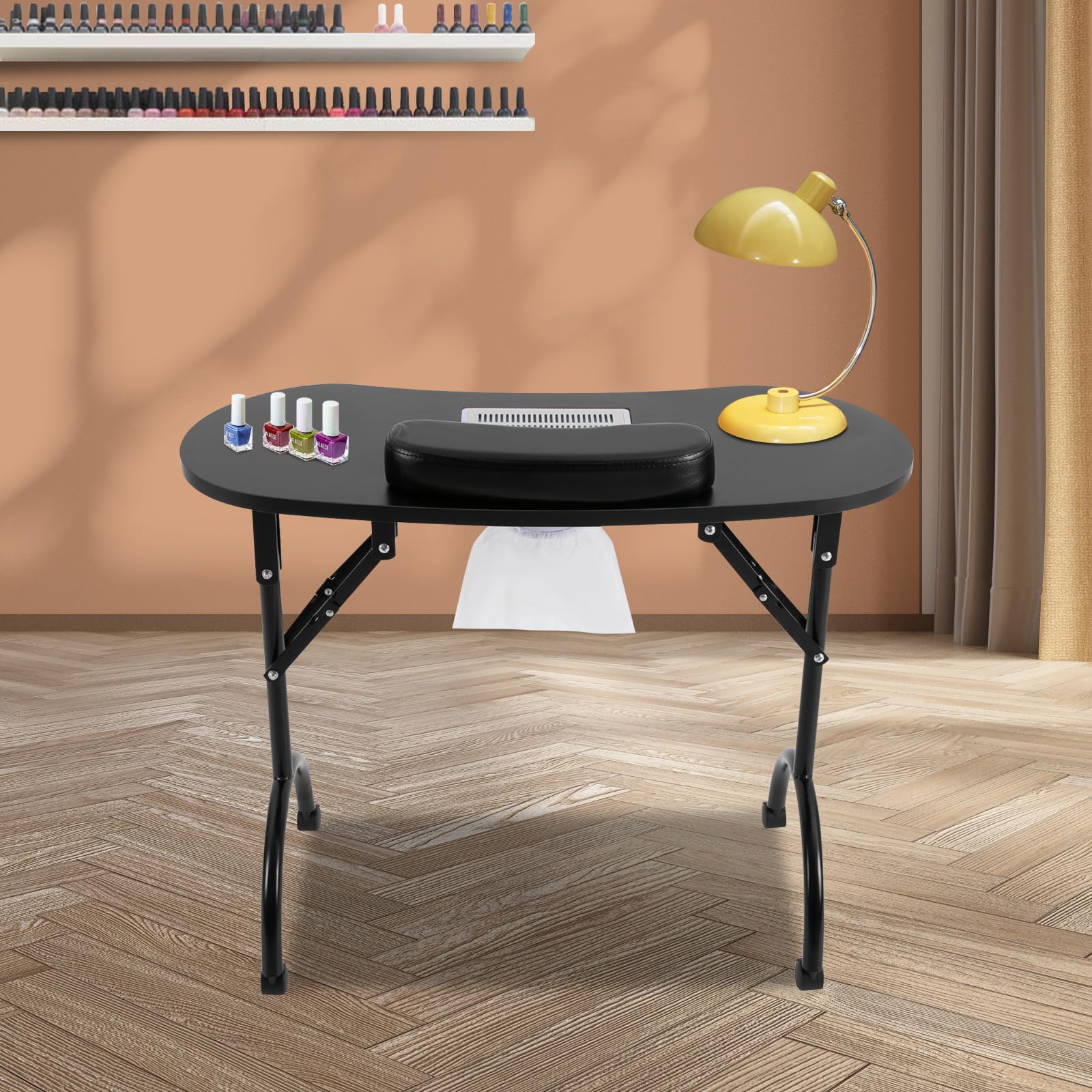 Mesa de manicura plegable con aspiración, mesa de manicura portátil con ruedas y cojín para la muñeca, mesa de manicura portátil para corte de cabello, cosmética y cuidado de uñas