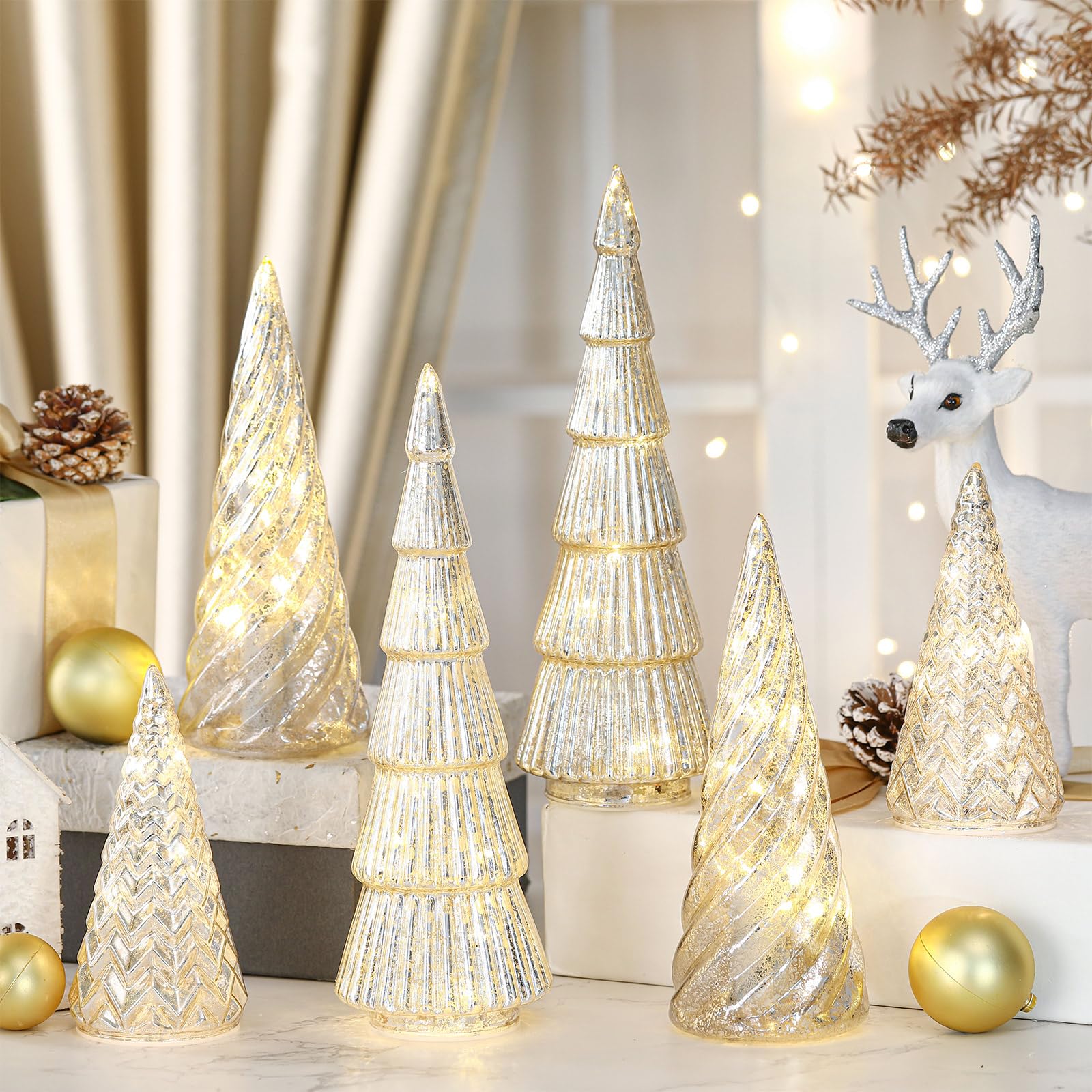 6 pcs mercury glass christmas tree silver plate glass figurines with led fairy lights 11 in tall silver finish light up christmas tree ornaments holiday table centerpiece tabletop(stylish)