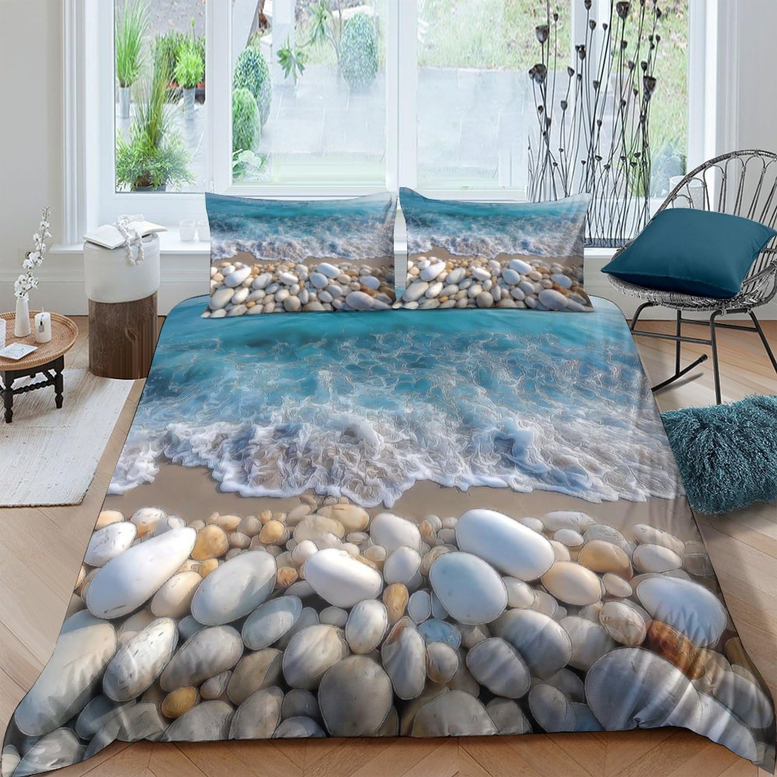 Ctjqhvkz Style-8 3D Printed Ocean Beach Fitted Sheet Microfiber Stone Shore Bed Sheet For Bedroom Guest Room Easy Care Decor Single（135X200cm）