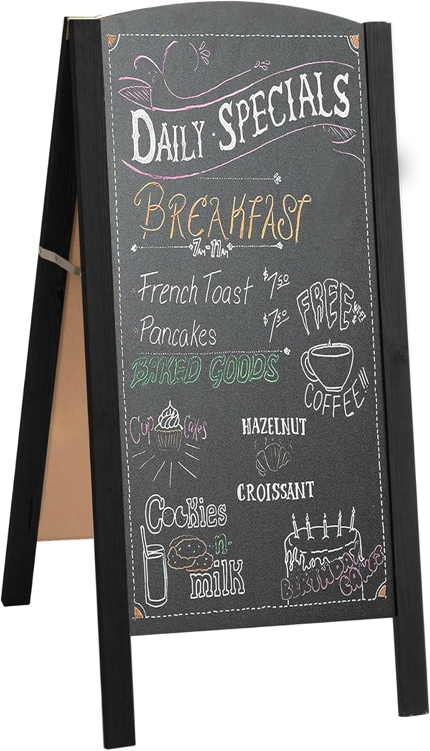 Ilyapa Wooden A-Frame Sign with Rounded Top - 26 x 56 Inches Black Sidewalk Chalkboard – Sturdy Freestanding Sandwich Board Menu Display for Restaurant, Business or Wedding