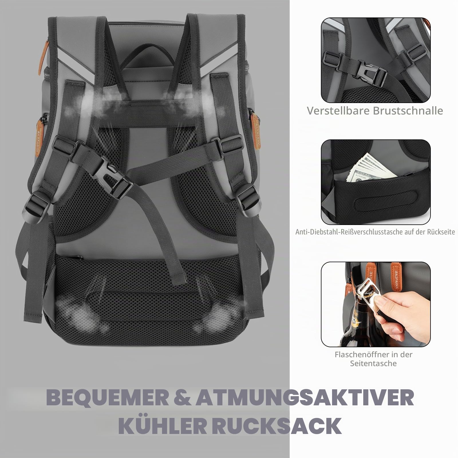 BAGPARKK Isolierter Kühlrucksack, 33 Dosen, multifunktional, doppelstöckig, auslaufsicher, Kühltasche mit Brustgurt, große Kapazität, leicht, Reisen, Camping, Strandrucksack