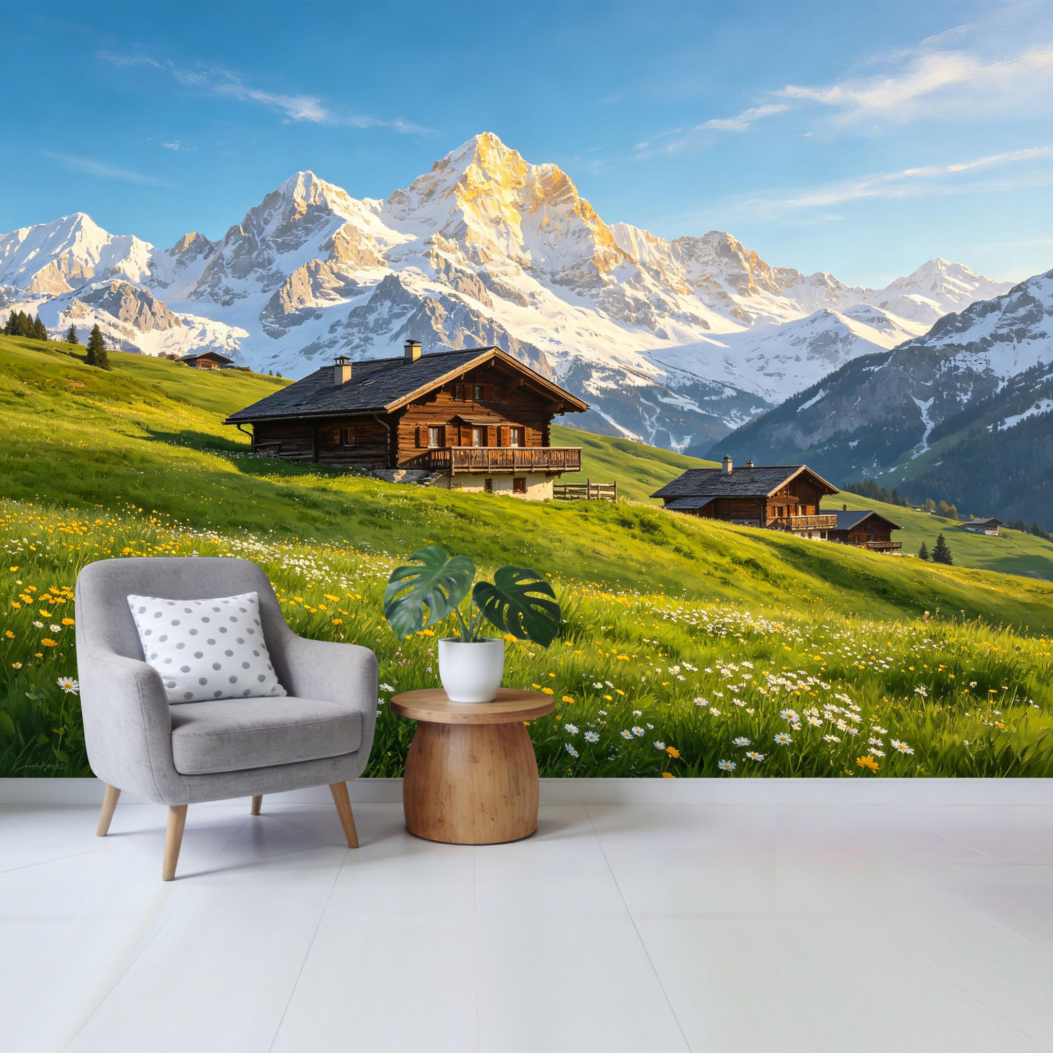 Custom Size Wall Mural Mountain Landscape Alpine Cabin Meadow Flowers Removable Self Adhesive Fabric Home Wall Decor for Living Room Bedroom Bathroom