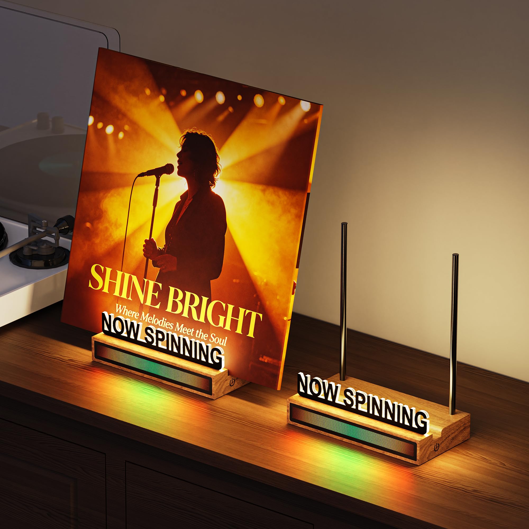 Now Drehbarer Vinyl-Schallplattenständer, beleuchteter Acryl-Album-Halter mit RGB-Soundsteuerung, Rhythmus-Lichter, warmweißes Licht, Dekoration für Vinyl-Schallplattenliebhaber