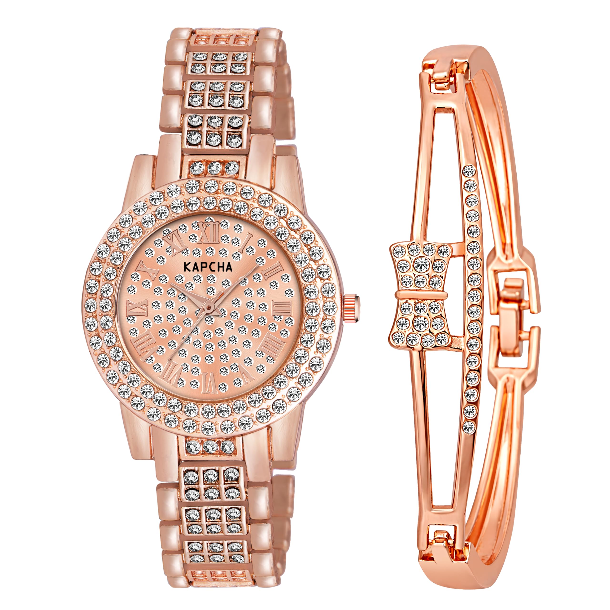 Crystal Ladies Watch and Hand Bracelet Gift Combo Set, Rose Gold, Double Crystal Bezel, Roman Numerals, Jewelled Band-image-44