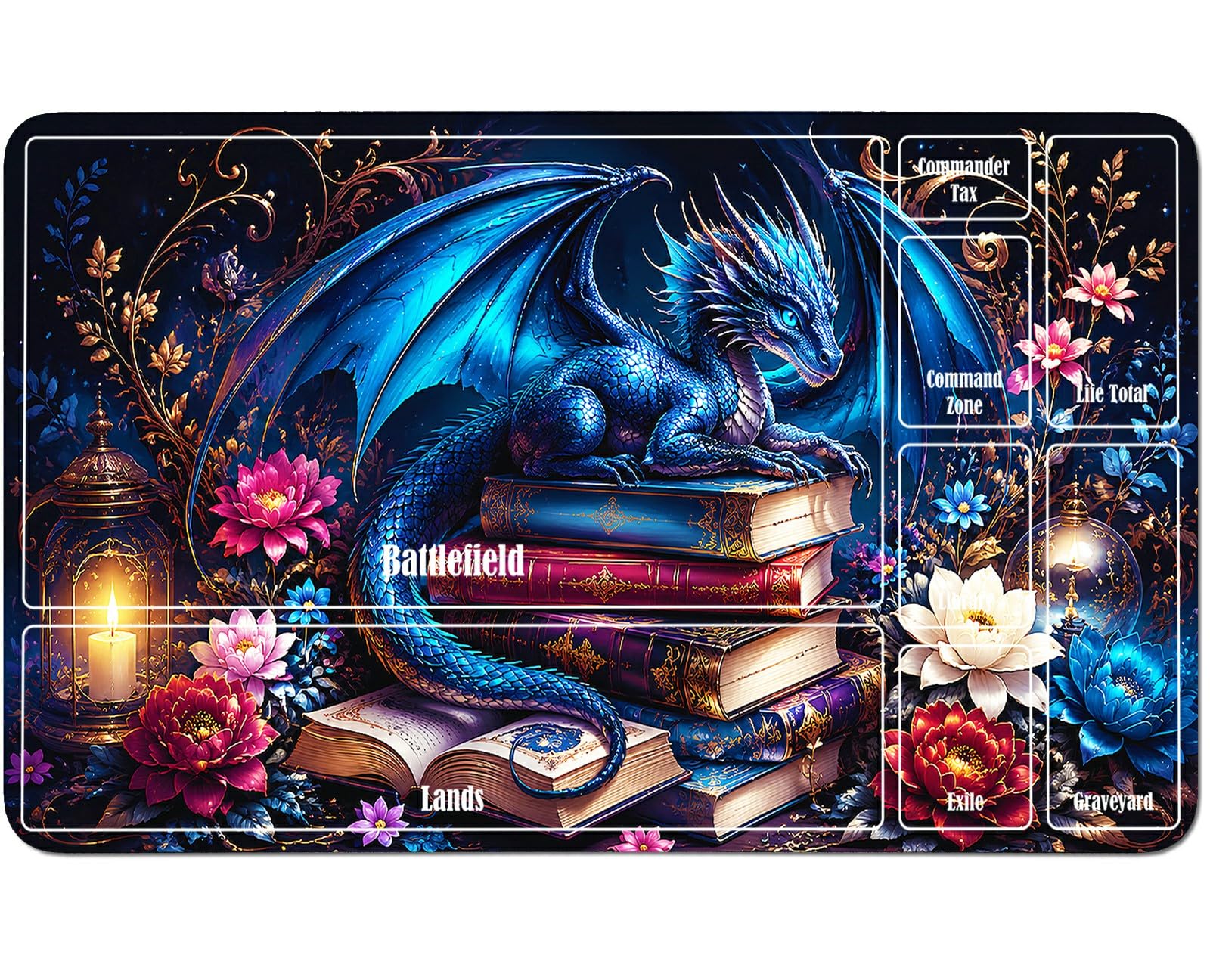 RWUTYTIUL Blue Dragon Books for MTG Playmat 24 X 14 Inch, Stitched Card Game Mat for Commander Board TCG RPG CCG Desktop Tablet Mouse Pad for Enthusiasts Playing Accessories — image 1