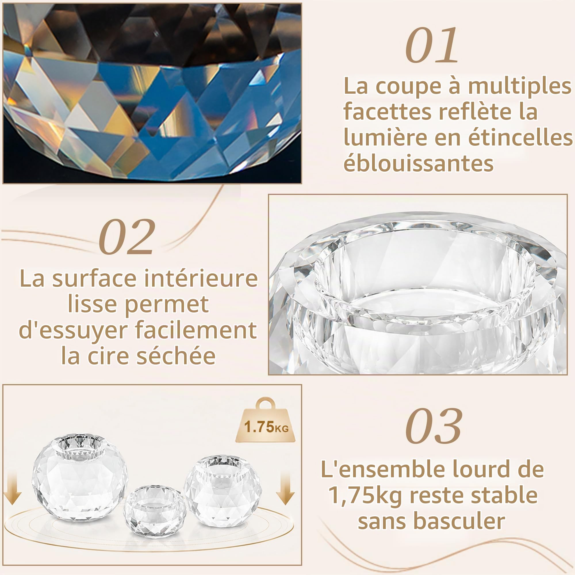 Sziqiqi Bougeoir Boule de Cristal Lot de 3, Supports pour Bougies Chauffe-Plat en Verre Transparent Chandelier pour Décoration de Chambre de Table à Dîner Mariage Cadeau Fête Méditation
