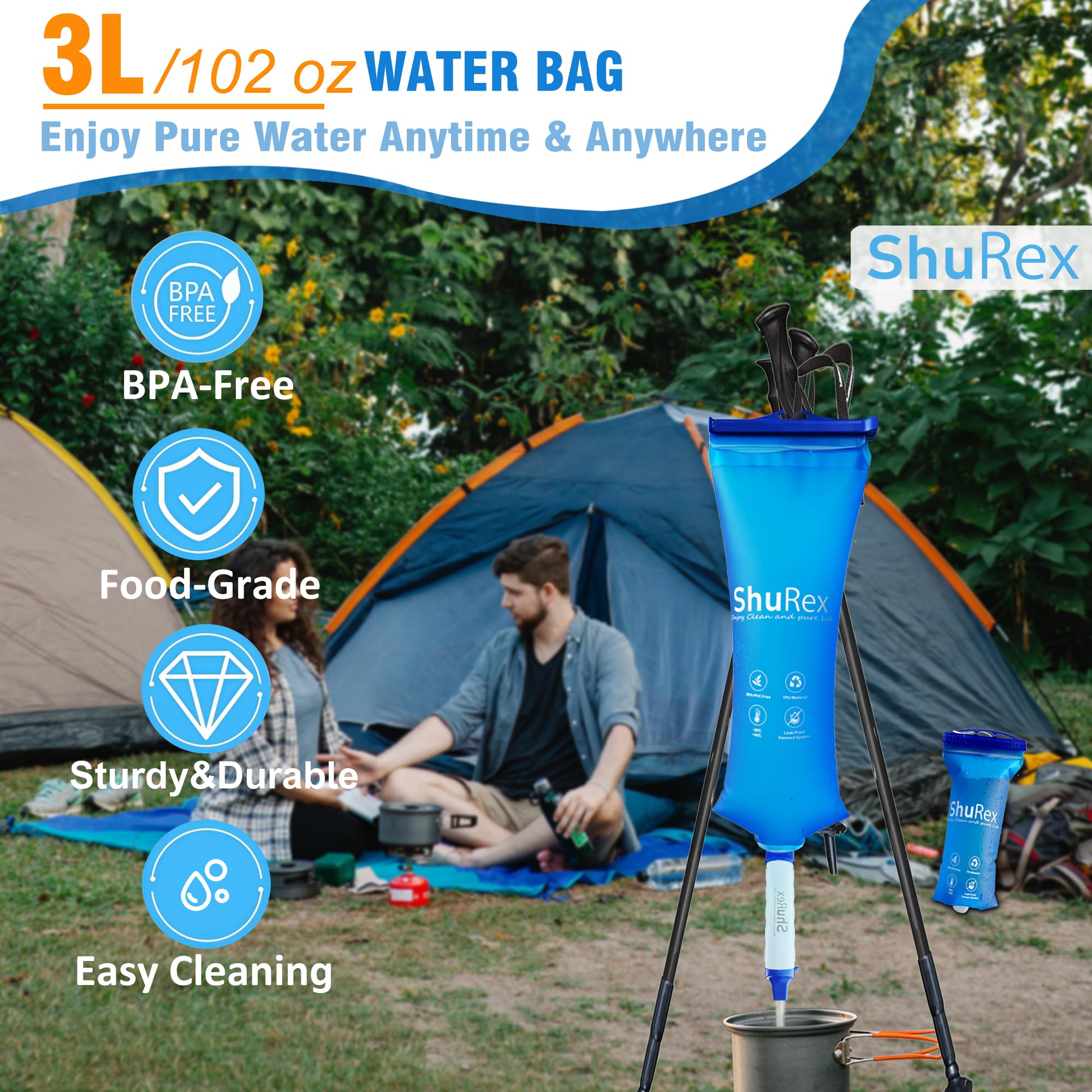 Système de filtration d'eau par gravité, sac de 3 l avec paille filtrante, filtre à fibre creuse et filtre à charbon, pour camping et urgence