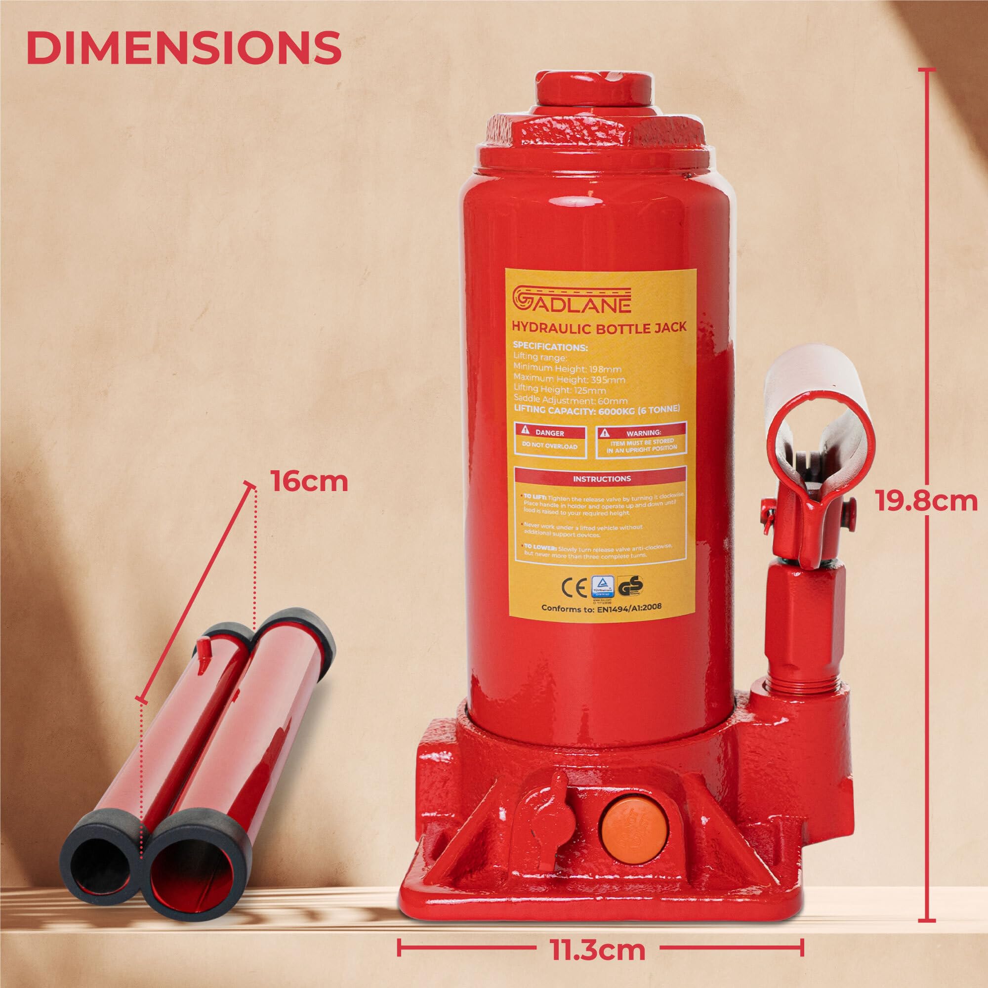 GADLANE Gato hidráulico para Botella de 6 toneladas, Acero aleado Resistente, válvula de sobrecarga de Seguridad, Mango de Ajuste rápido, para Coches Grandes, Furgonetas, autocaravanas