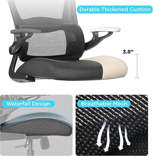 Miniatura 7 de Silla de oficina ergonómica de malla, silla de escritorio de computadora con respaldo alto con reposabrazos abatibles, soporte lumbar, cojín