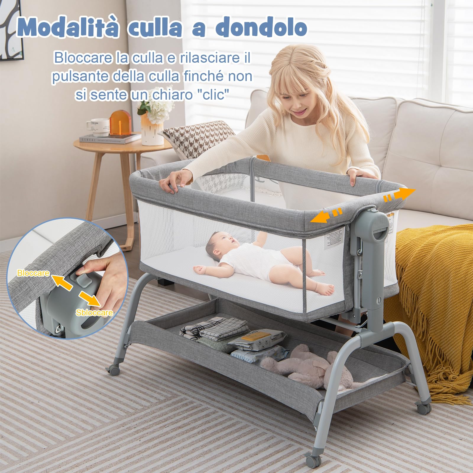 COSTWAY Culla Neonato Fianco 4 IN 1, Culla Co-sleeping con Spondina Apribile, Altezza Regolabile, Materasso Ruote Borsa da Viaggio Zanzariera Inclusi, 0-6 Mesi Fino a 9 kg (Grigio)