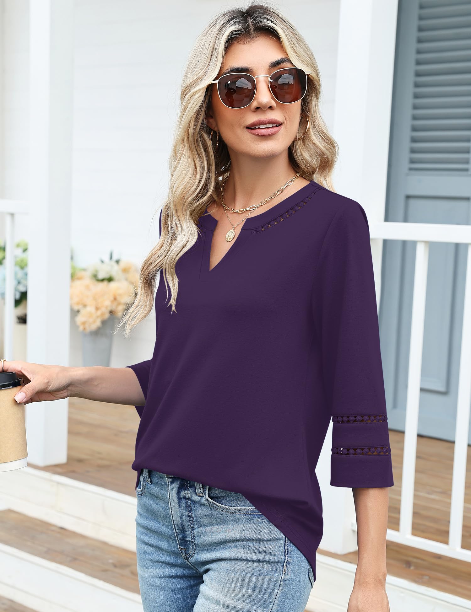 Rapbin Top da donna con maniche a 3/4, scollo a V, in pizzo, ricamato, per primavera ed estate, stile casual