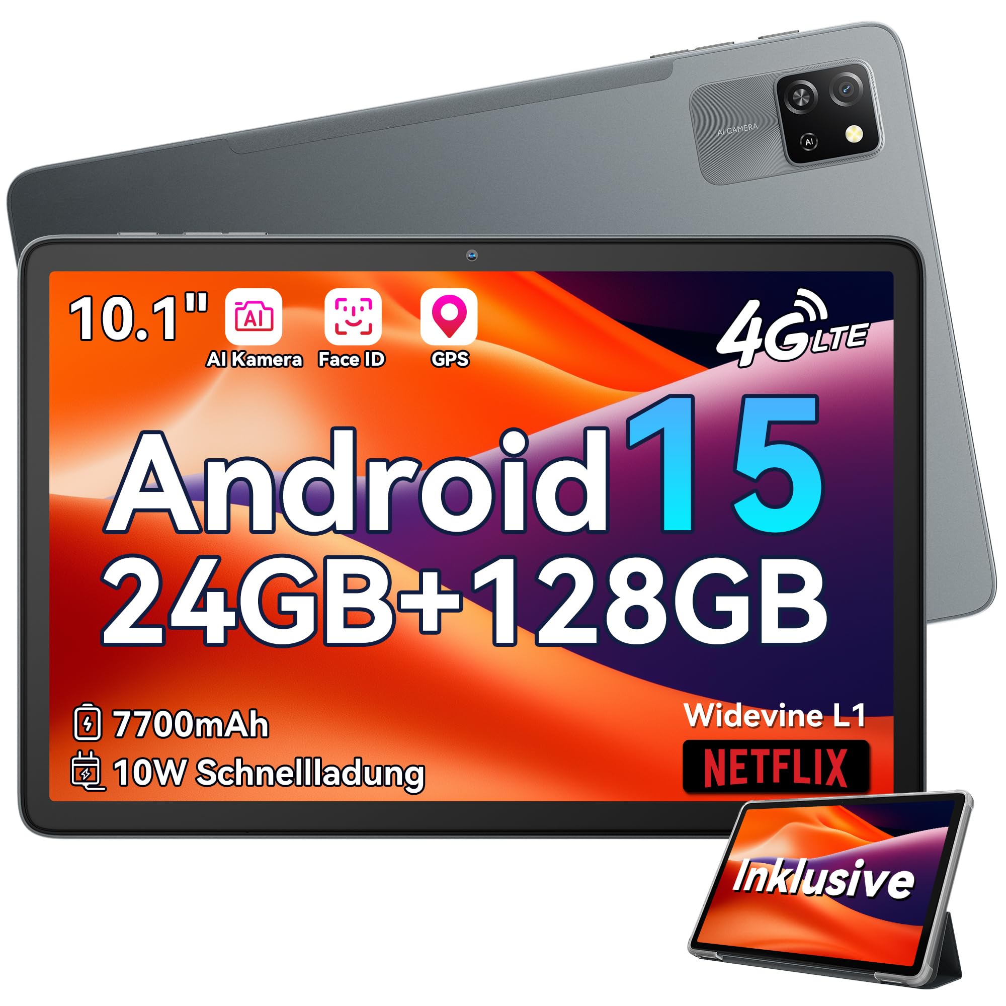 Blackview Android 15 Tablette 10 Pouces Tab60Pro, 4G LTE Tablette Tactile 24Go RAM 128Go ROM(2To TF), Octa Core Tablette Gaming, 5G WiFi/7700 mAh/Widevine L1/Face ID/GMS/GPS/3.5MM Jack