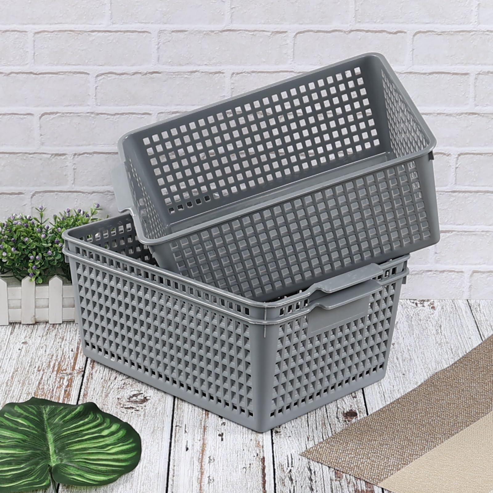 Paquete de 3 cestas grandes de plástico para organizar, cestas de almacenamiento grises para armario de cocina