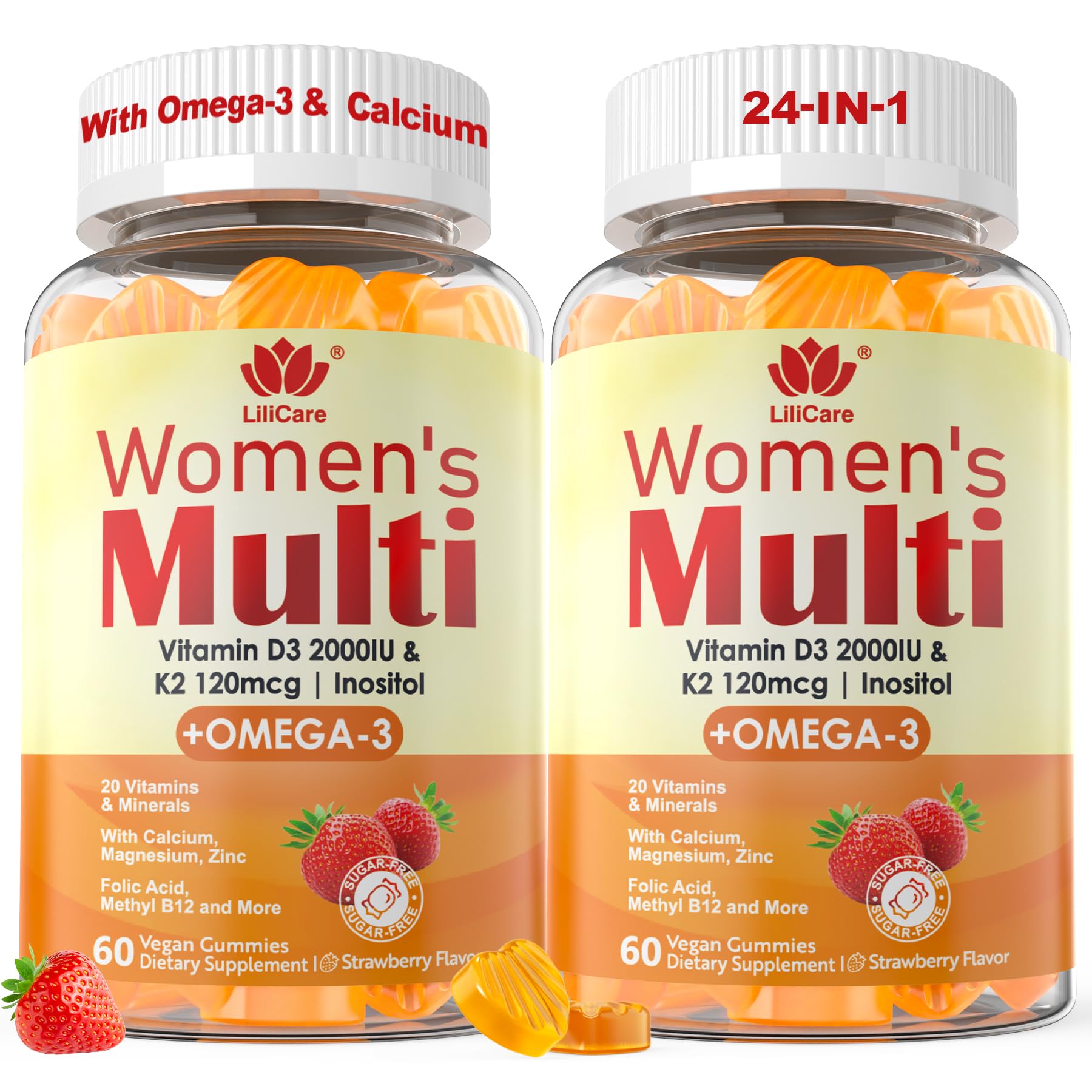 Womens Multivitamin Gummy, w/Omega 3（DHA/EPA), Methyl B12, Calcium, 120 Cts