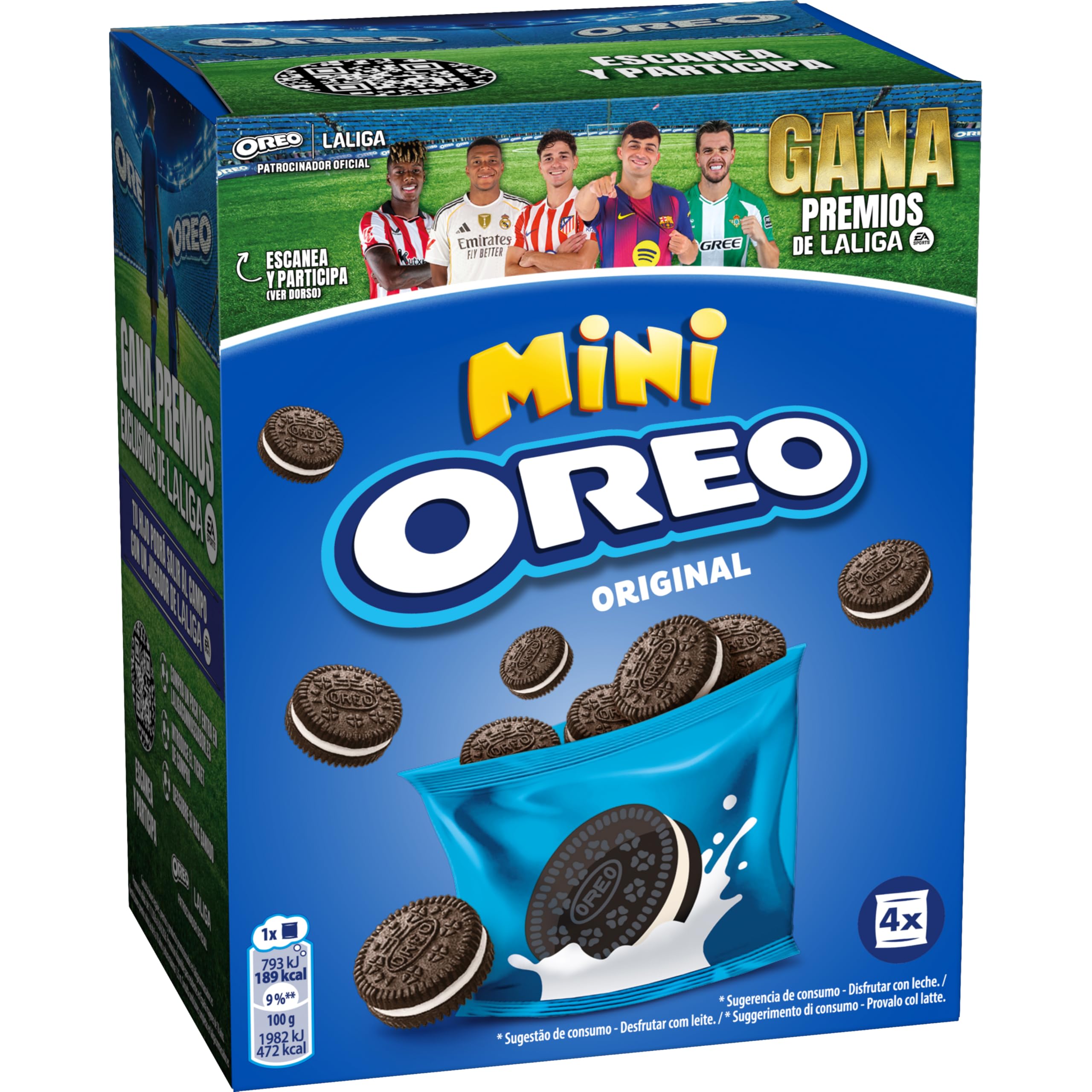 Oreo Mini Galletas de Cacao Rellenas de Crema Sabor Vainilla, Paquete 4 Bolsitas 160 g
