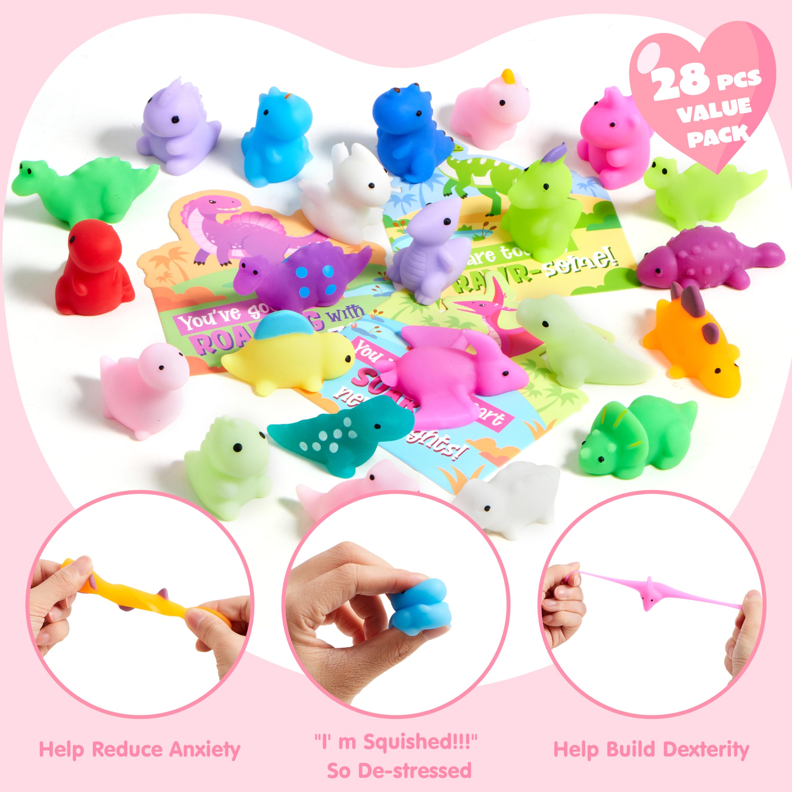 JOYIN 28 Packs Valentines Day Gift Cards with Mochi Squishy Toys, Kawaii Mochi Squishy Toy to Squeeze Stress Relief Fidget Toy for Kids Valentine Party Favor Classroom Exchange Prizes