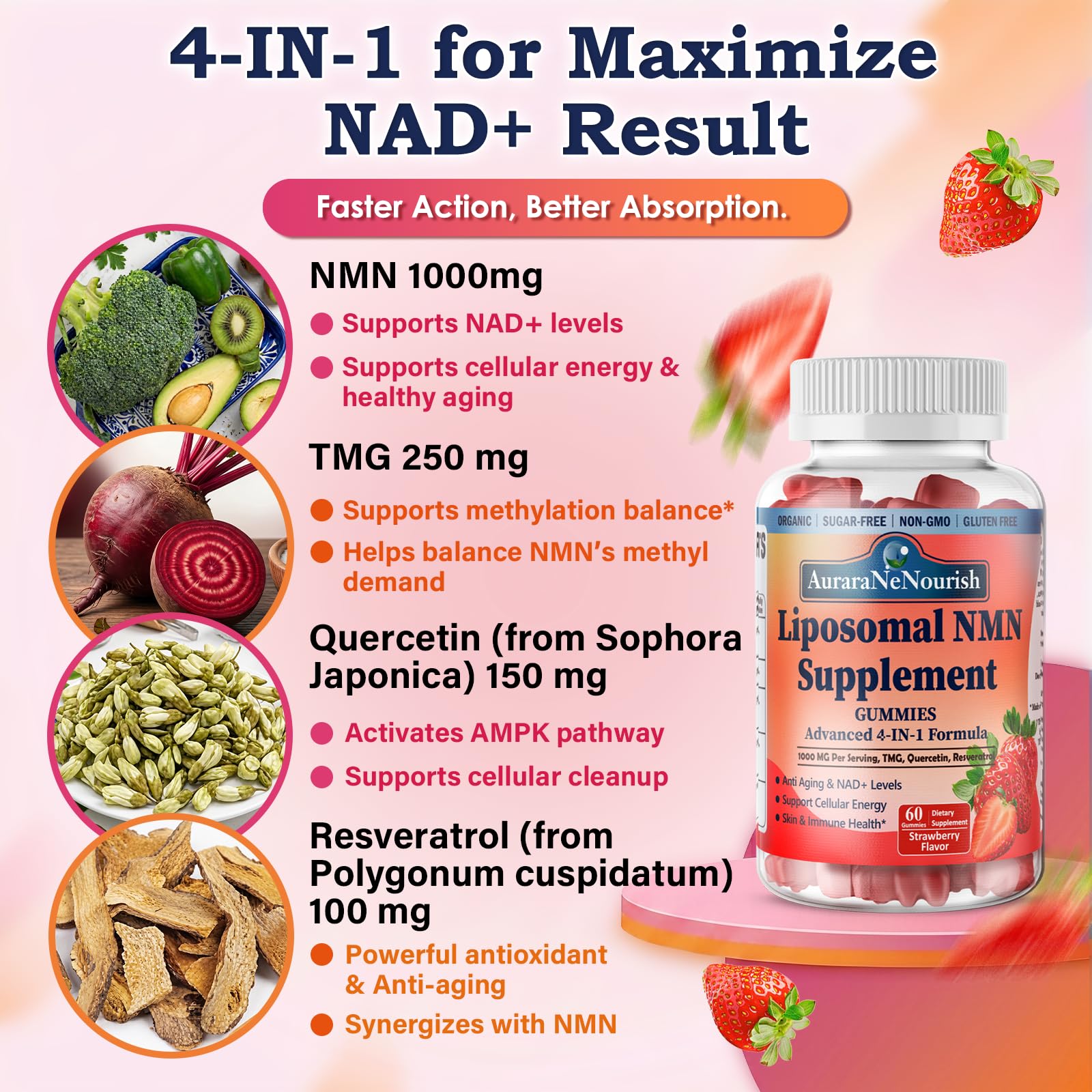 NMN Supplement 1000mg Pure, 4-in-1 Liposomal NMN Resveratrol Supplement Gummies w.Quercetin & TMG, Nicotinamide Mononucleotide NAD+ Precursor for NAD+ Levels, Cellular Energy & Healthy Aging, 60 Count — Amazon image 3