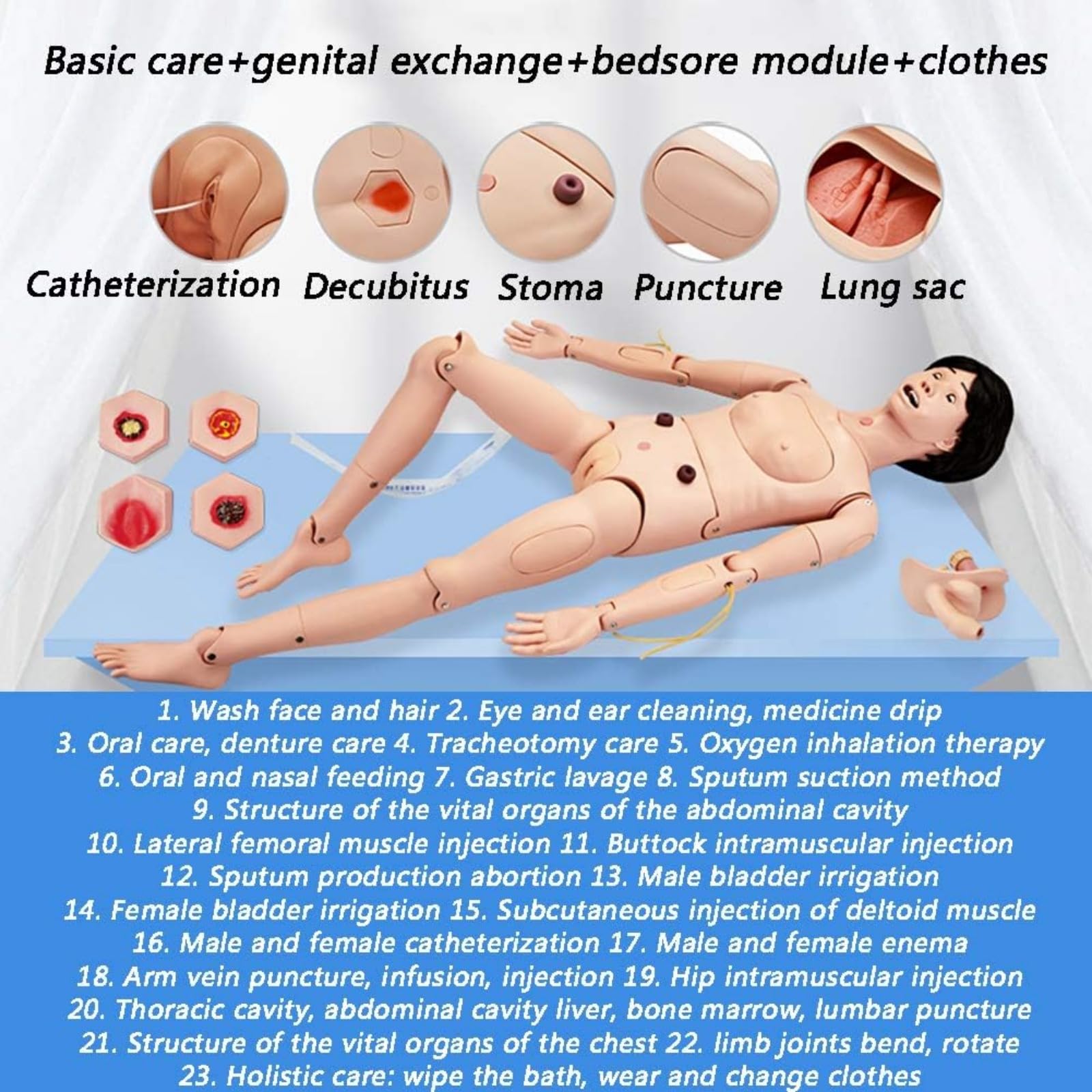 Nursing Geriatric Training Manikin with Interchangeable Genitals and Bedsore Modules for Nursing Medical Training Teaching Medical Supplies (Female)