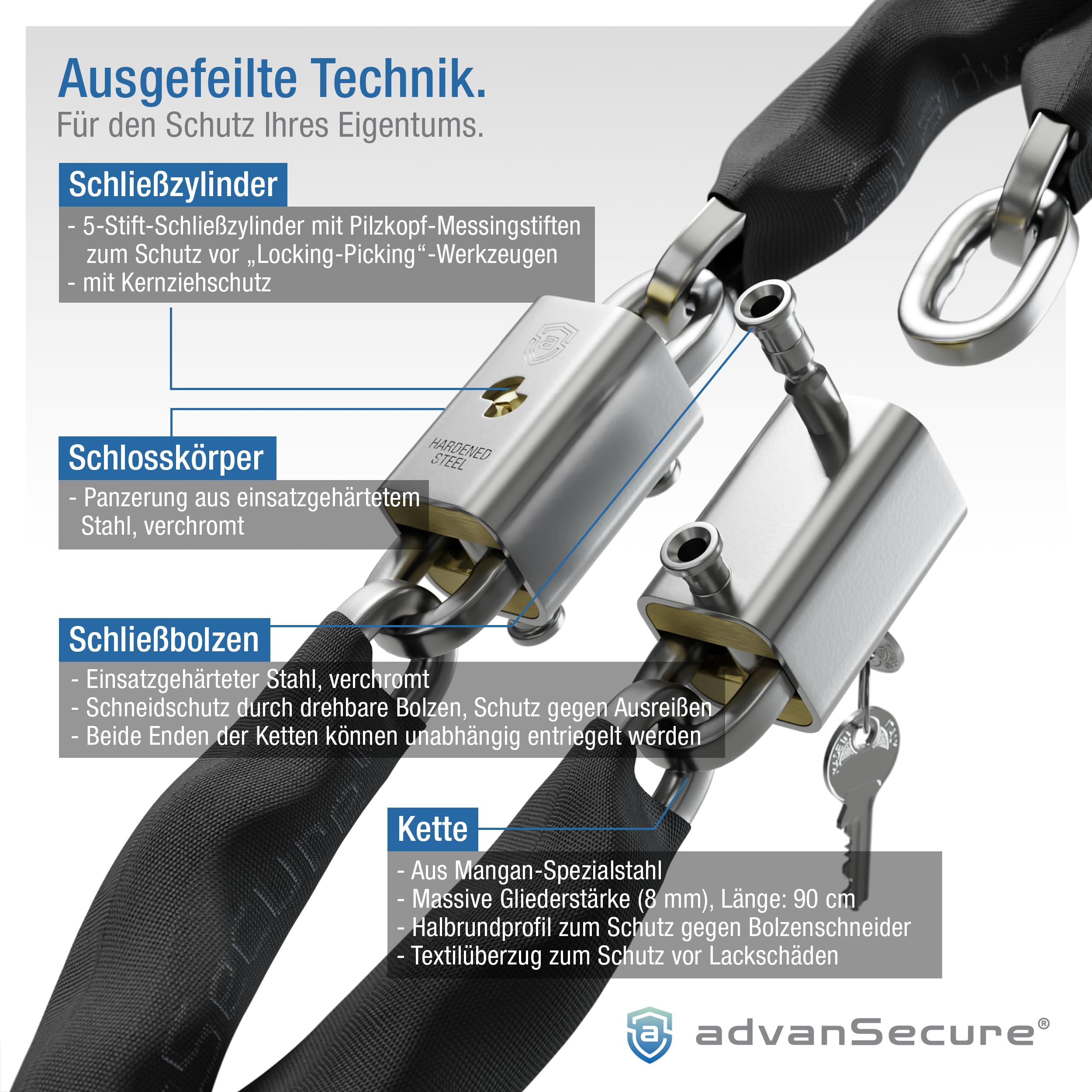 advanSecure® Hochsicherheits-Kettenschloss | optimal für Fahrrad und E-Bike | Sicherheitsstufe 8/10 | 90 cm Länge, 8 mm Kettenglieder | gehärteter Spezialstahl | abnehmbarer Schlosskörper-Schutz