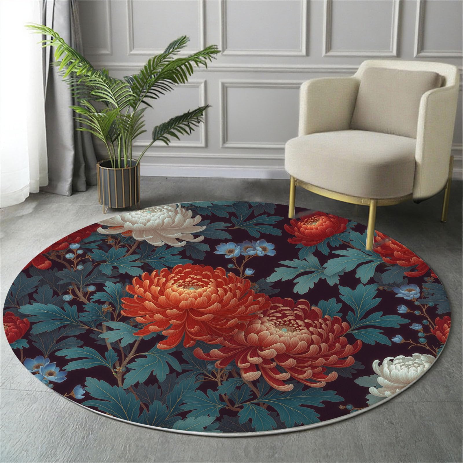 Tapis antidérapant de salon lavable au design chrysanthème bleu-vert style oriental
