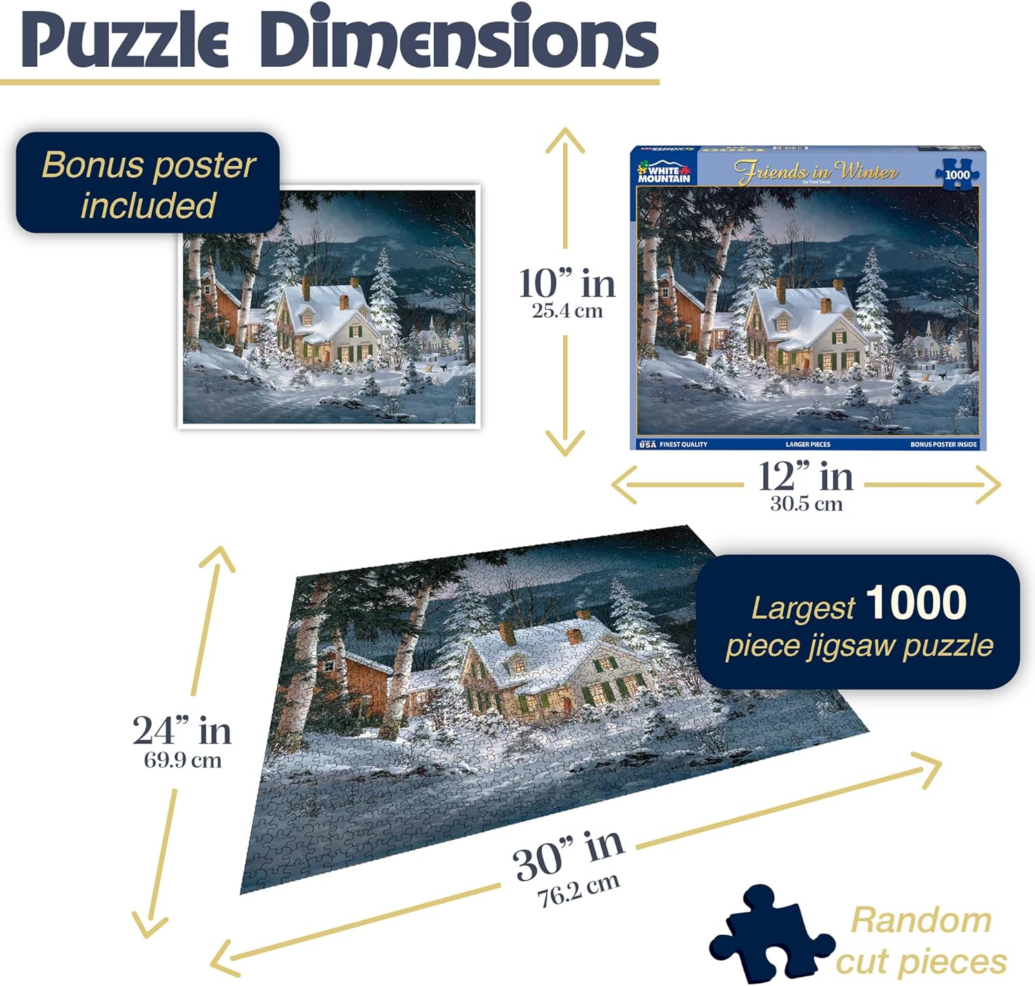 White Mountain 1000 Piece Jigsaw Puzzle Winter Christmas Holiday Puzzles with Large Pieces Gift for Adults and Family 24"x30" - Friends in Winter
