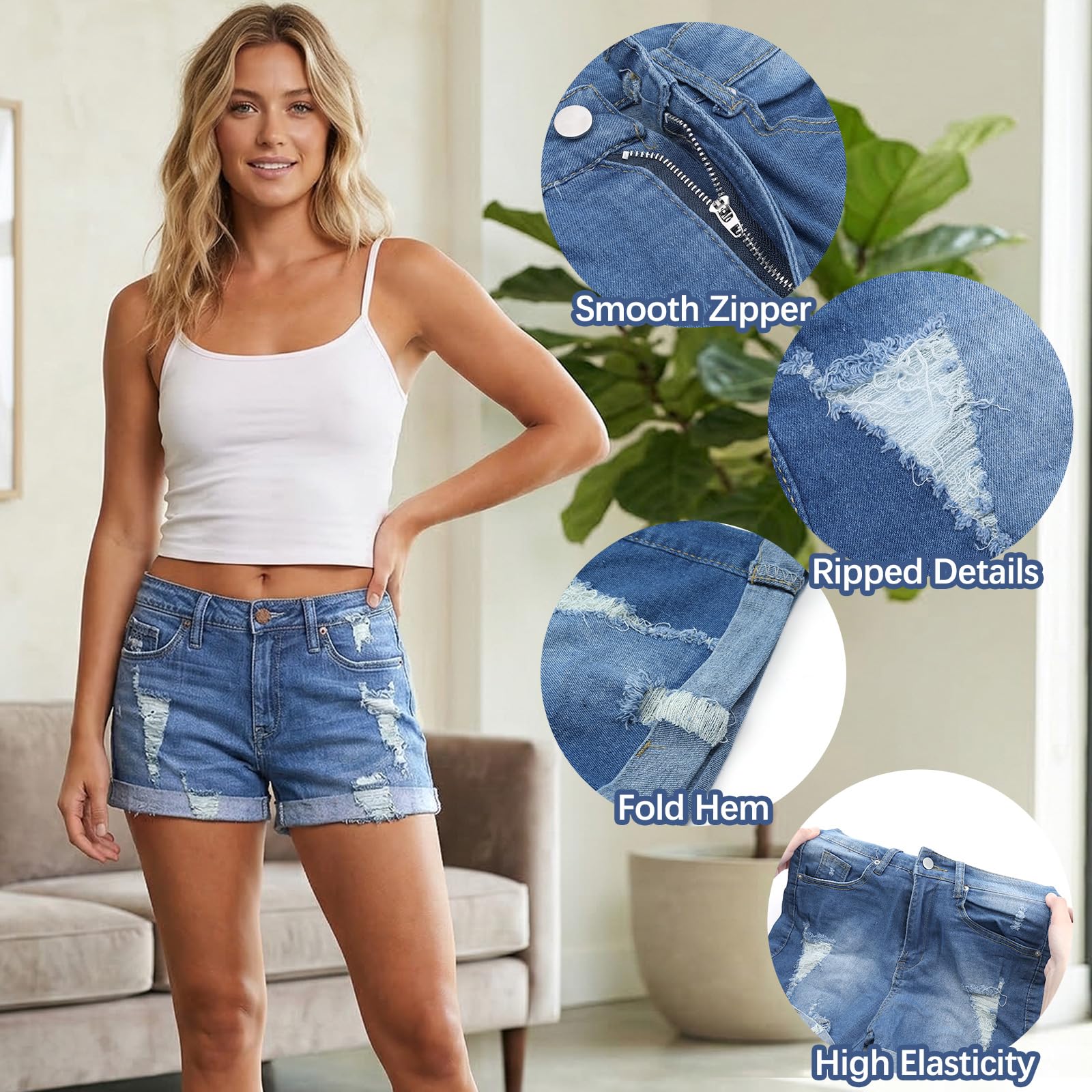Short en Jean Femme Taille Moyenne Déchiré Destroy Extensible avec Poches Ourlet Rouloté Short Jean Femme été