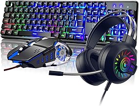 4-in-1 Gaming Keyboard Mouse Combo Wired Rainbow Backlit 104 Keys Ergonomic Gamer Black Keyboard + 2400DPI Adjust 6 Buttons USB Optical Game Mouse 3.5mm Gaming Stereo Headset for PC Laptop Computer…