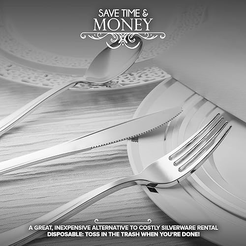 Miniatura 7 de Juego de vajilla plateada de 700 piezas 200 platos de plástico con borde plateado, 100 cubiertos de plástico plateado, 100 vasos de plástico