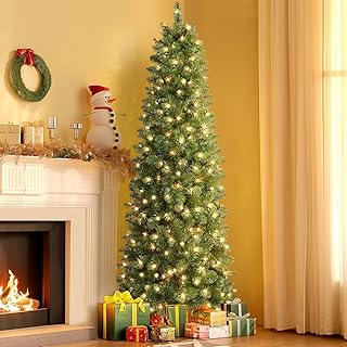 SHareconn 6ft Prelit Artificial Hinged Slim Pencil Christmas Tree with W...