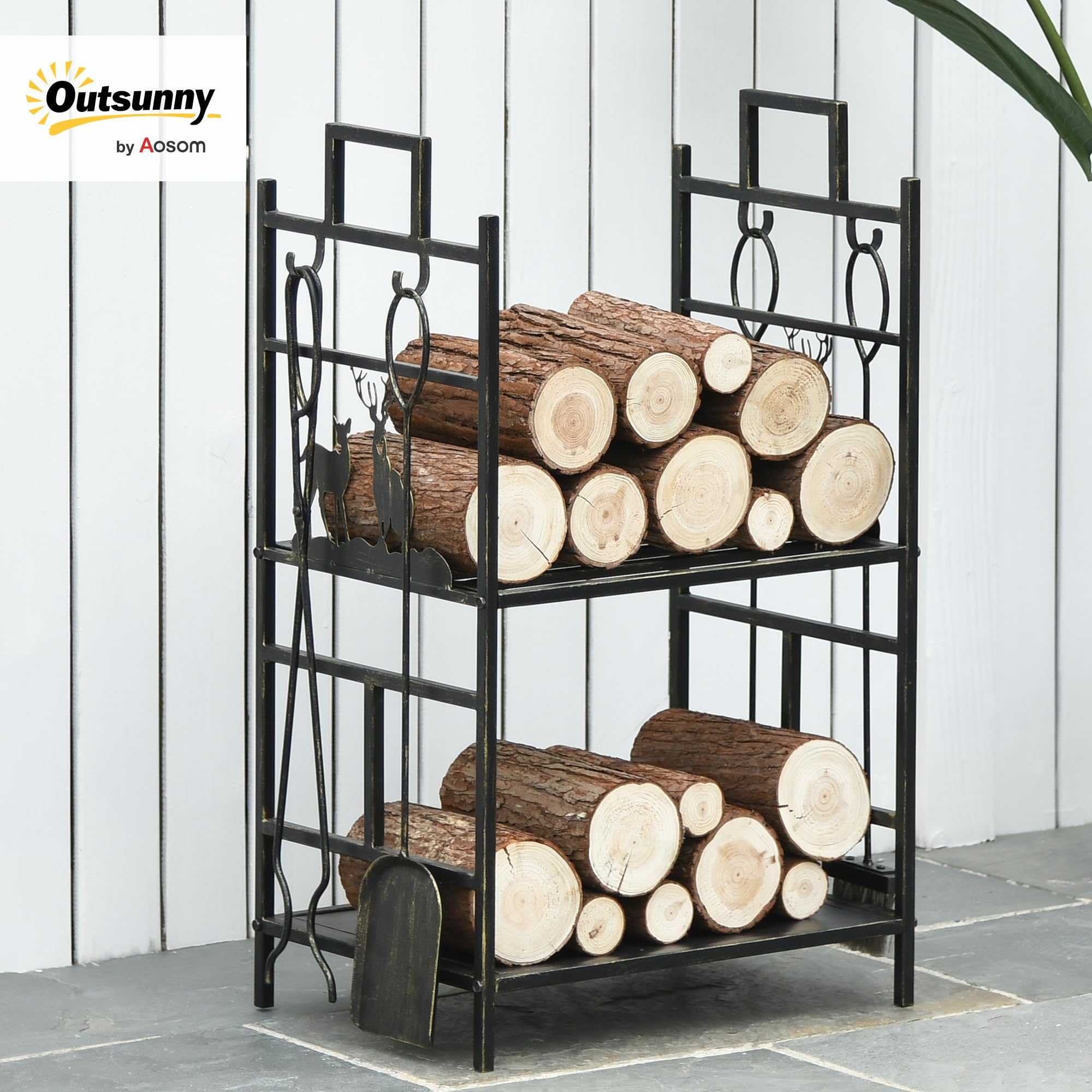 Outsunny Soporte para Leña de Metal de 2 Niveles Estante para Leña con 4 Herramientas y Asas para Chimenea para Interior y Exterior 51,5x33x77 cm Negro Dorado