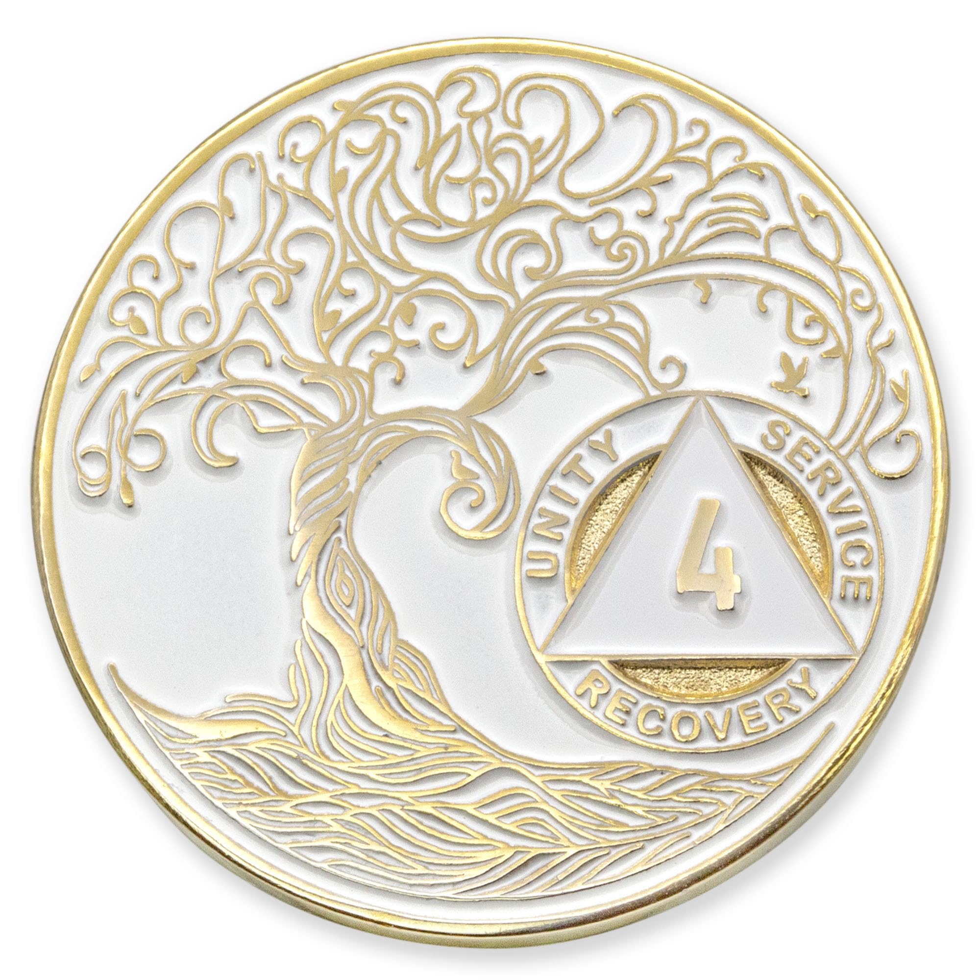 1 to 50 Year Twisted Tree of Life Sobriety Coin - Gold Plated AA Chips &amp; Medallions - 4 Year Sobriety Coin - White