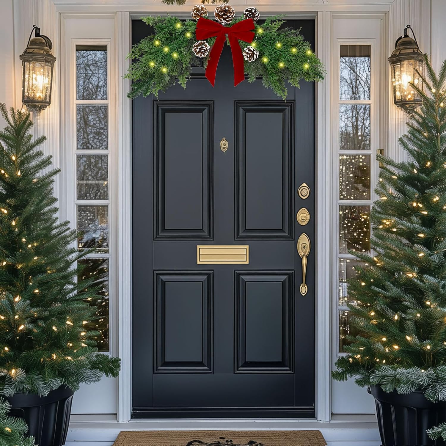 Hungdao 4 Pcs Christmas Cedar Swags with Lights 28 × 12 Inches Greenery Pine Window Swags Christmas Wreath Garland with Cone Red Bows for Rustic Door Farmhouse Wall Home Mantel Fireplace Hanging