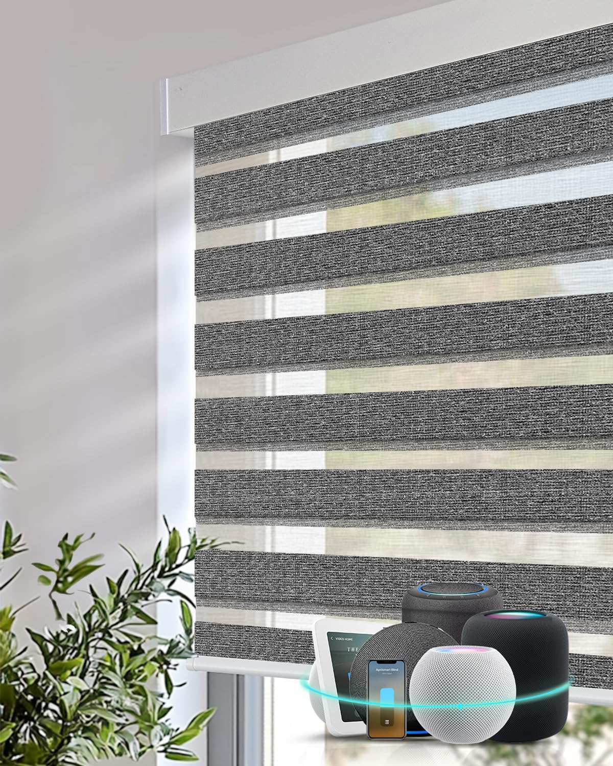 Aprilsmart Motorized Zebra Blinds with Remote,Compatible with Apple HomeKit Alexa Google Home- Voice and app Control,Motorized Dual Layer Roller Shade Custom Size (100% Blackout White-39)