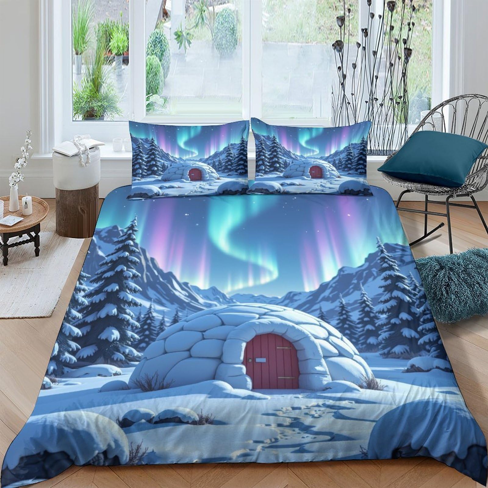 Ctjqhvkz Style-6 3D Printed Northern Lights Fitted Sheet Microfiber Soft Igloo Snow Landscape Mattress Cover Bedroom Decor Single（135X200cm）