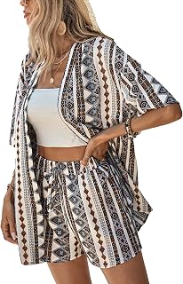 Women's Boho 2 Piece Outfits Tropical Open Front Kimono Blouse and Shorts Set