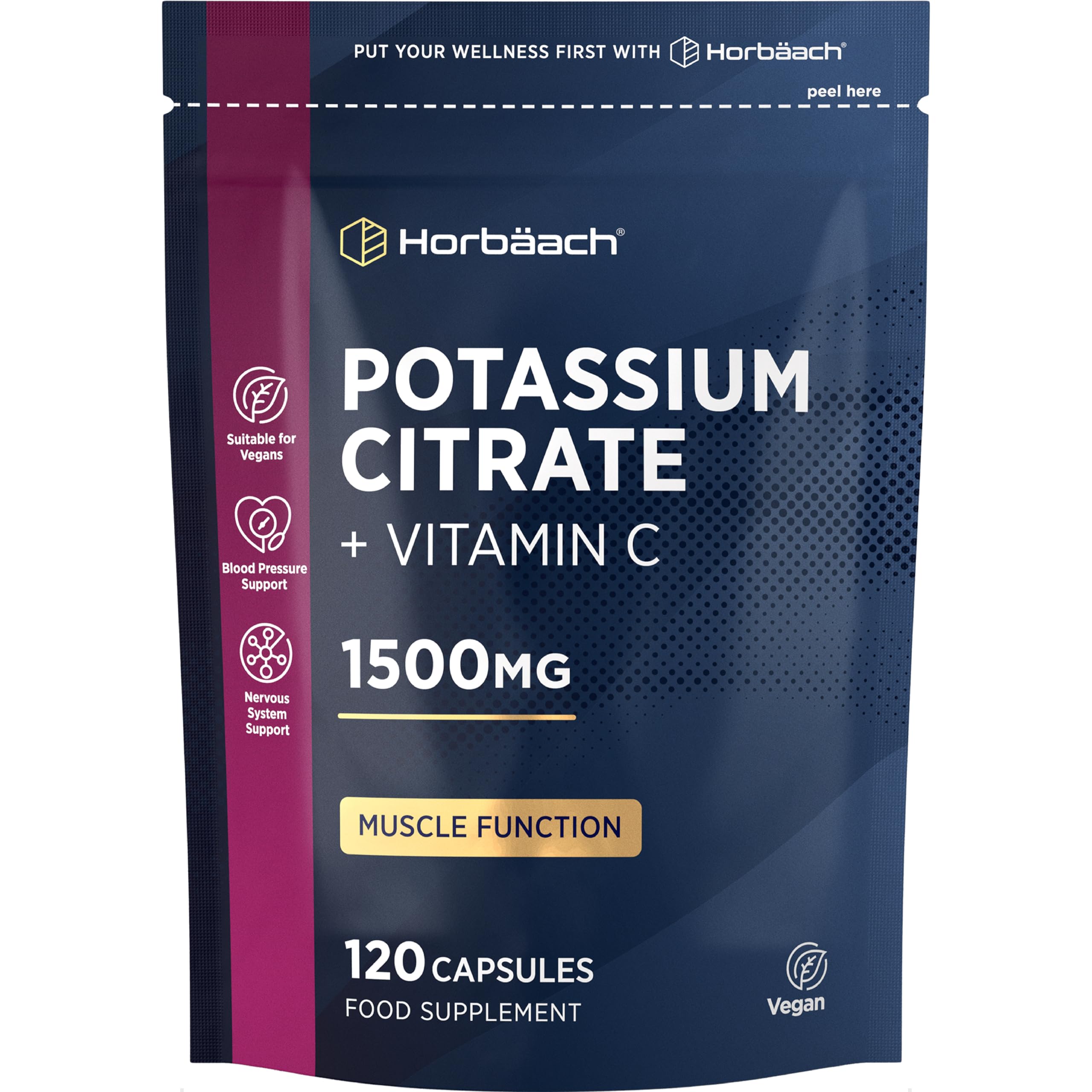 Citrato di Potassio con Vitamina C | 120 Compresse Vegane | 1500mg di Potassium Citrate | Aumento della massa muscolare e Elettroliti (EFSA) | Integratore di Potassio | Horbaach